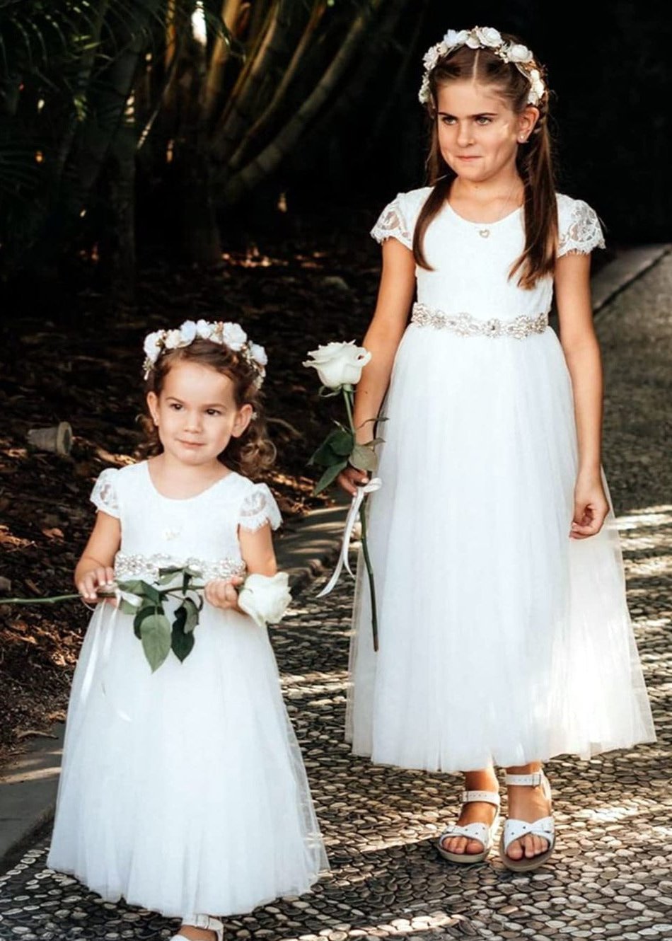 2Bunnies Flower Girl Dress Paisley Lace Back A-Line Short Sleeve Straight Tulle Maxi (White) - 2BUNNIES