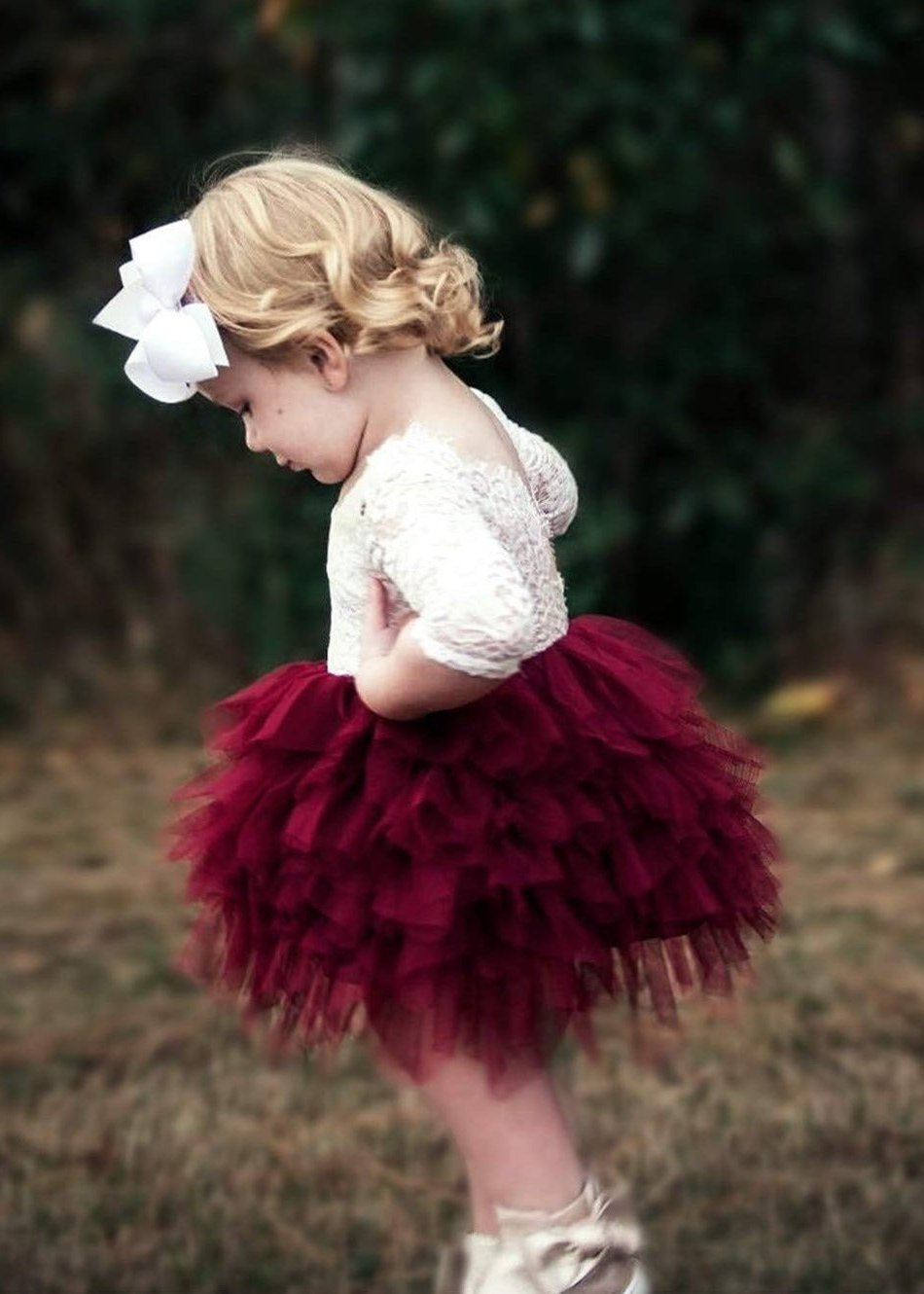 2Bunnies Flower Girl Dress Peony Lace Back A-Line Long Sleeve Tiered Tulle Short (Burgundy) - 2BUNNIES