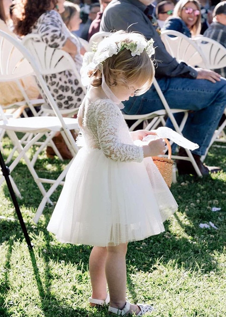 2Bunnies Flower Girl Dress Peony Lace Back A-Line Long Sleeve Straight Tulle Knee (White) - 2BUNNIES