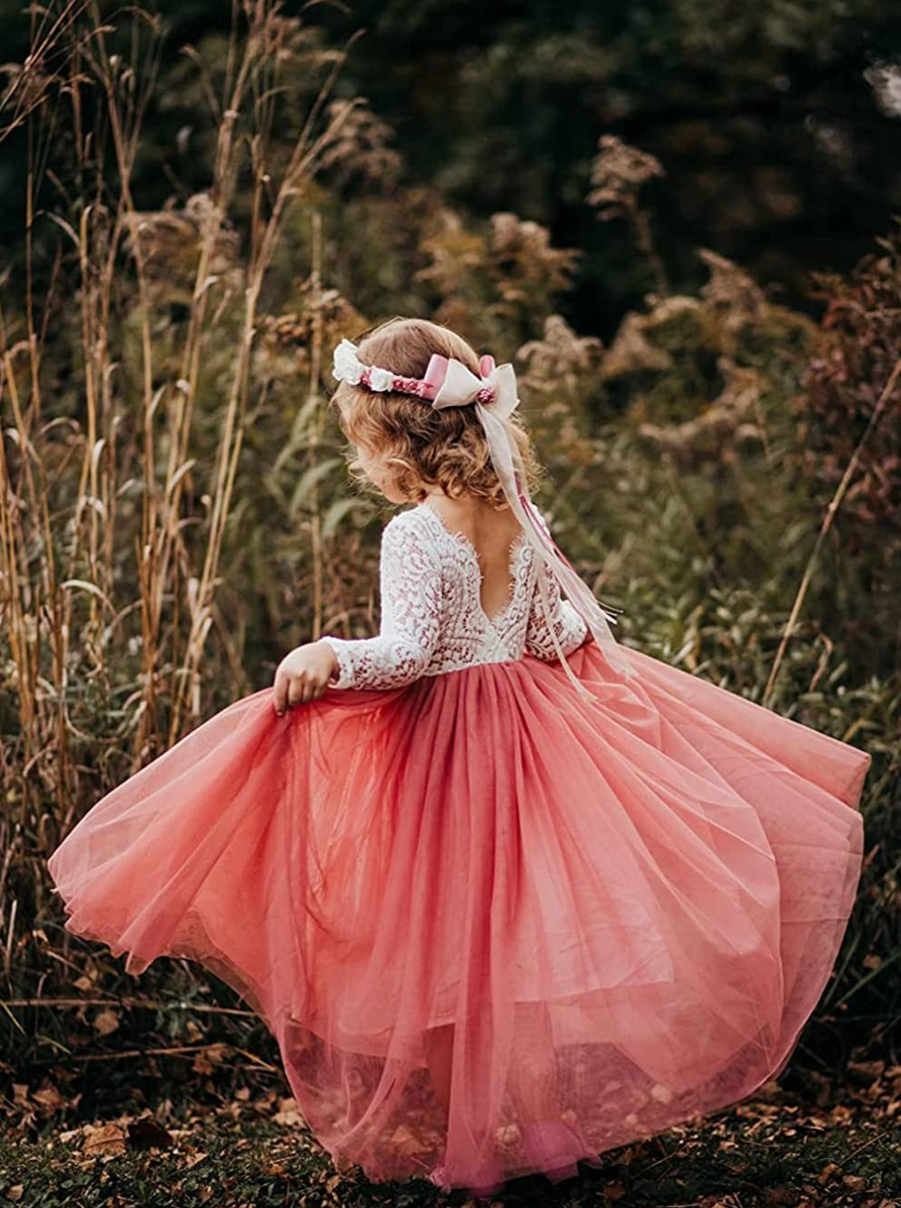 2Bunnies Flower Girl Dress Peony Lace Back A-Line Long Sleeve Straight Tulle Maxi (Dusty Pink) - 2BUNNIES