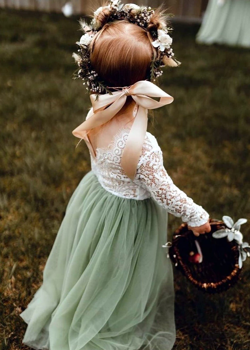 2Bunnies Flower Girl Dress Peony Lace Back A-Line Long Sleeve Straight Tulle Maxi (Sage) - 2BUNNIES