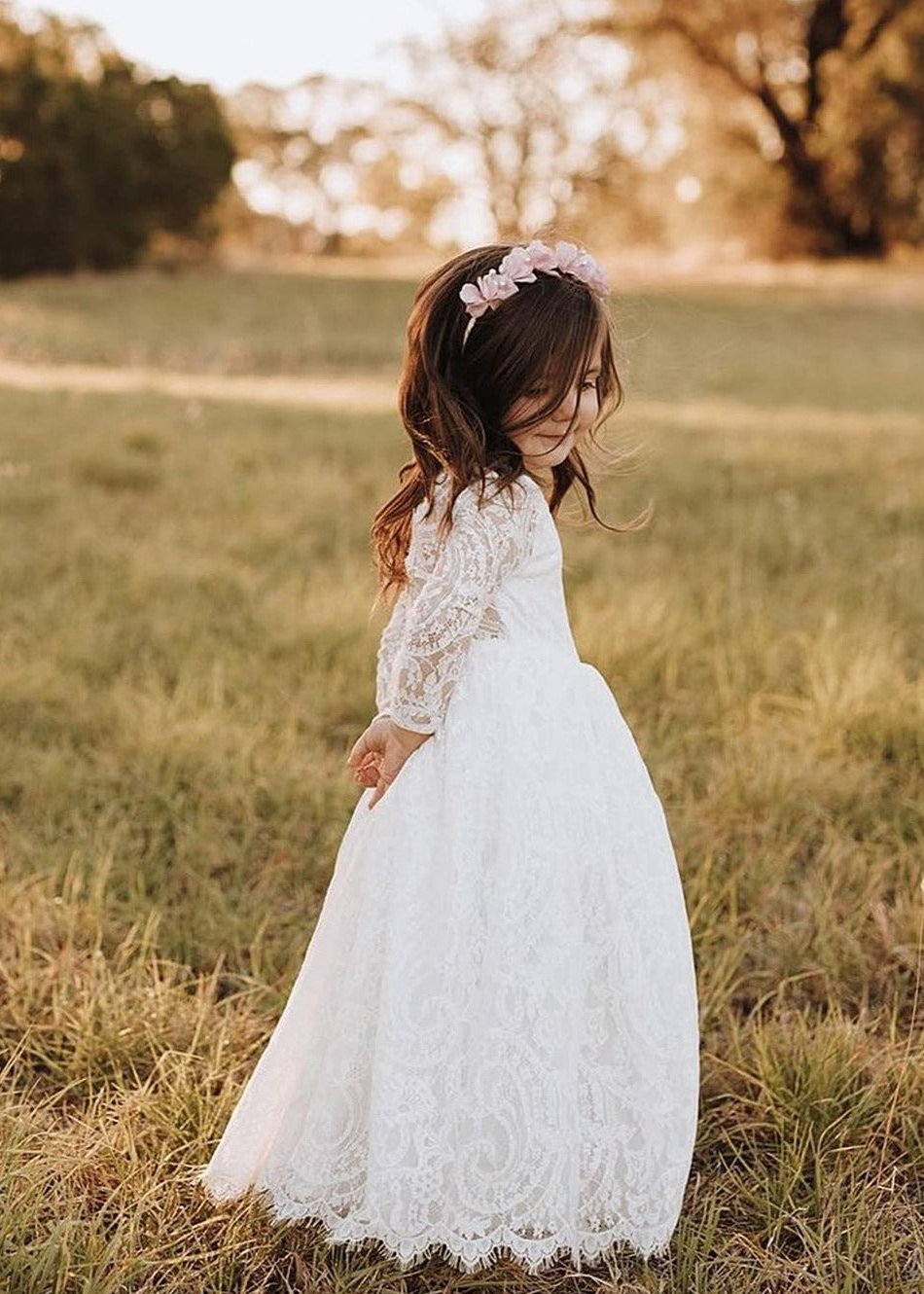 2Bunnies Flower Girl Dress Paisley All Lace Long Sleeve Maxi (White) - 2BUNNIES