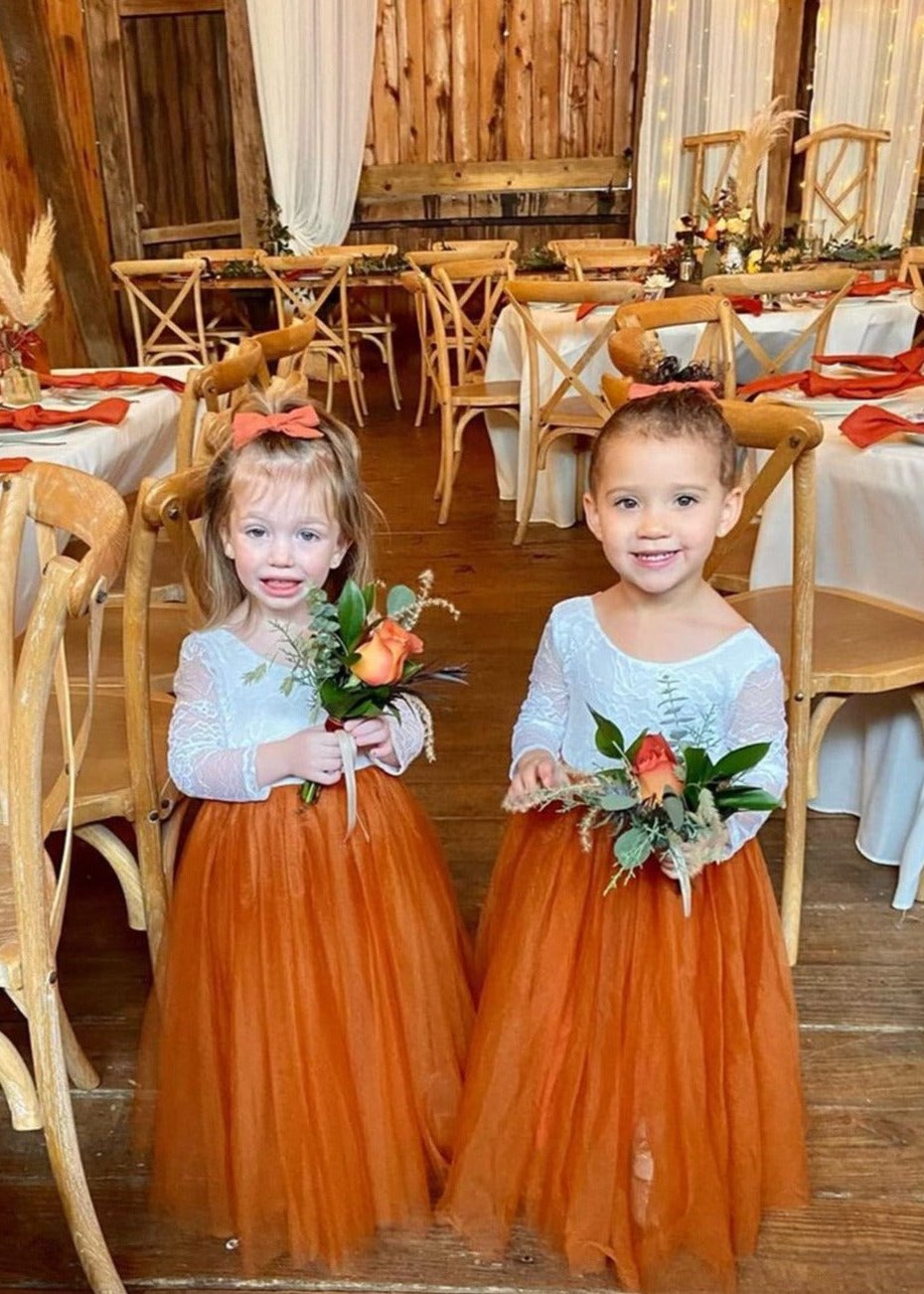 2Bunnies Flower Girl Dress Rose Lace Back A-Line Long Sleeve Straight Tulle Maxi (Burnt Orange) - 2BUNNIES