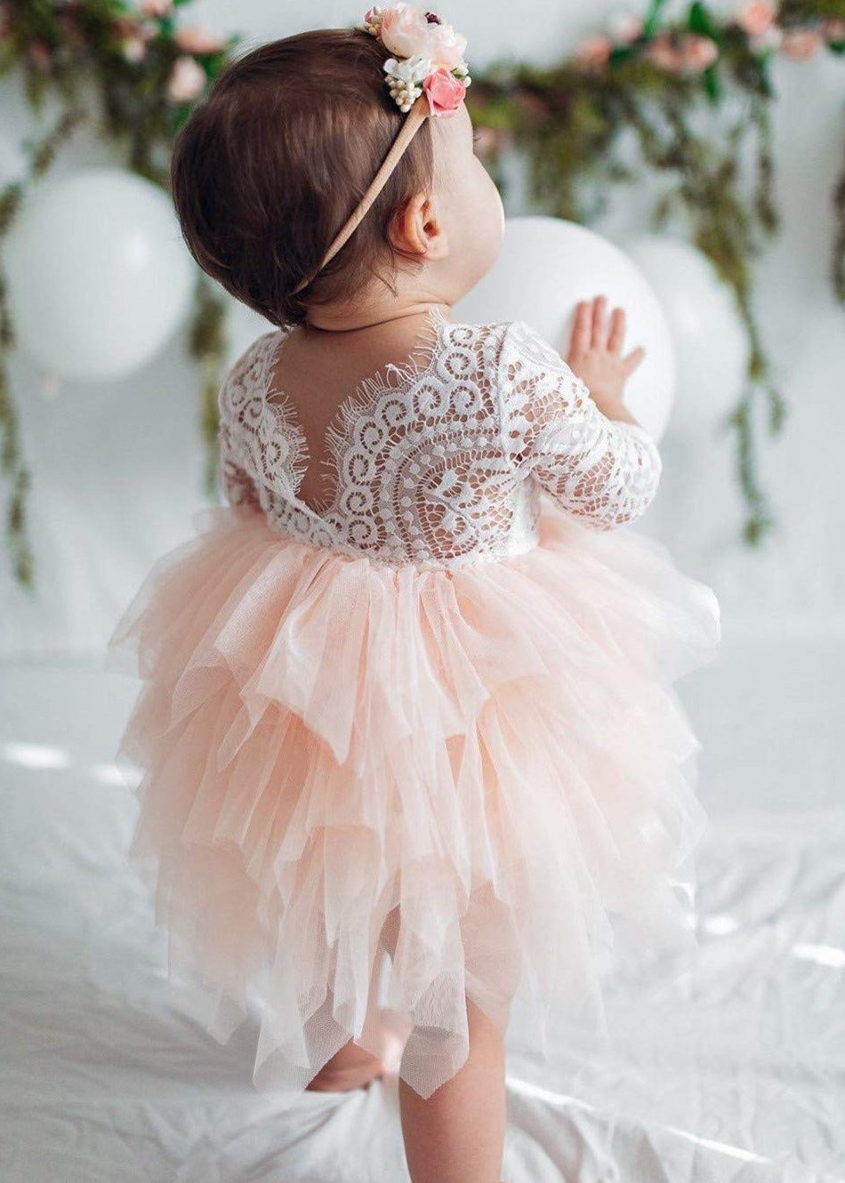 2Bunnies Flower Girl Dress Peony Lace Back A-Line Long Sleeve Tiered Tulle Short (Pink) - 2BUNNIES