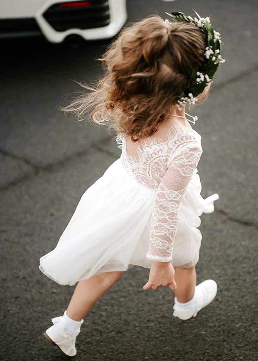 2Bunnies Flower Girl Dress Rose Lace Back A-Line Long Sleeve Straight Tulle Knee (White) - 2BUNNIES