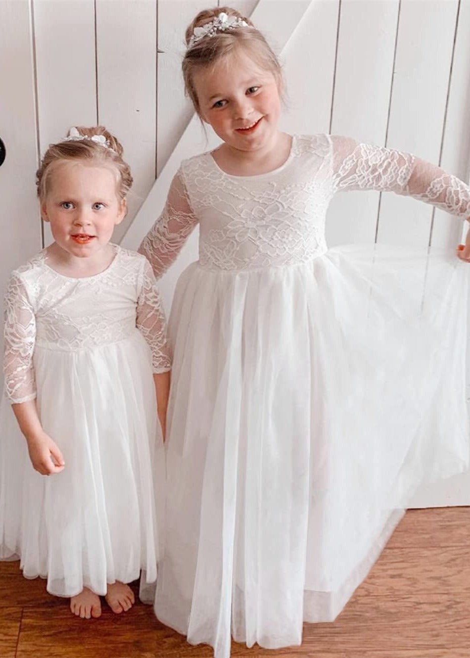 2Bunnies Flower Girl Dress Rose Lace Back A-Line Long Sleeve Straight Tulle Maxi (White) - 2BUNNIES