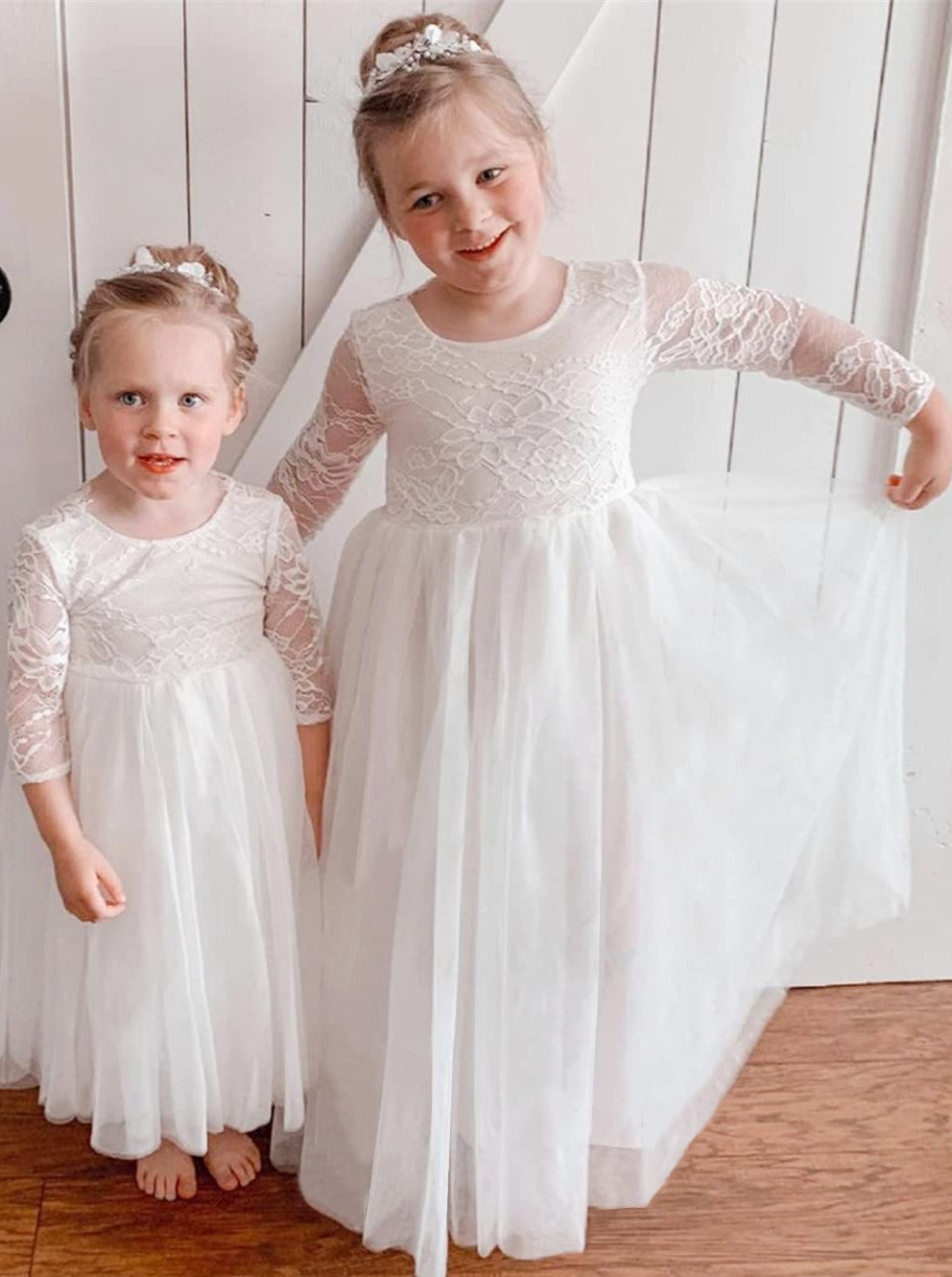 2Bunnies Flower Girl Dress Rose Lace Back A-Line Long Sleeve Straight Tulle Maxi (White) - 2BUNNIES