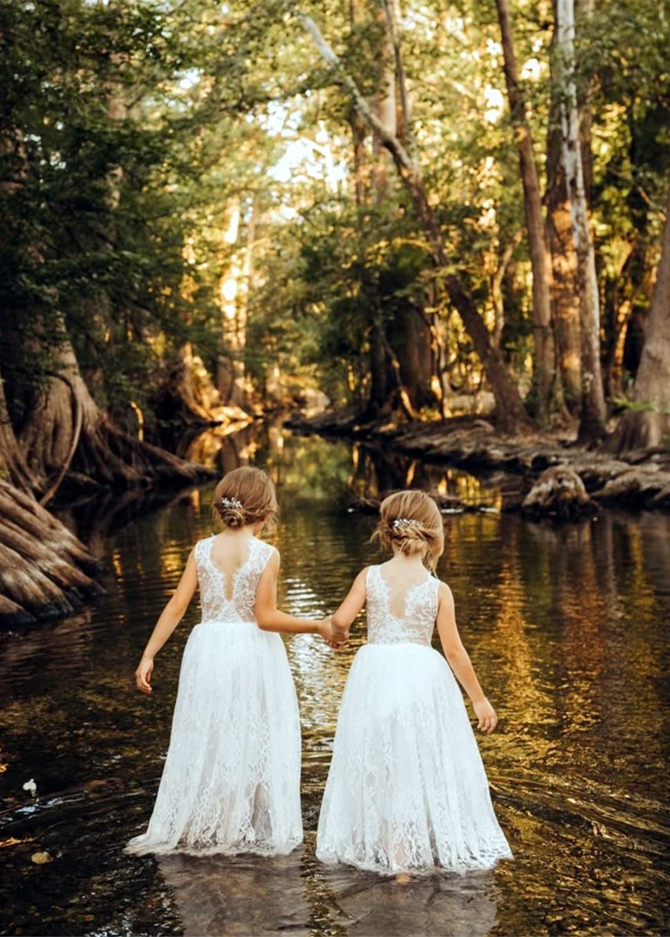 2Bunnies Flower Girl Dress Rose Lace Back A-Line Sleeveless Straight Tulle Maxi (All Lace White) - 2BUNNIES