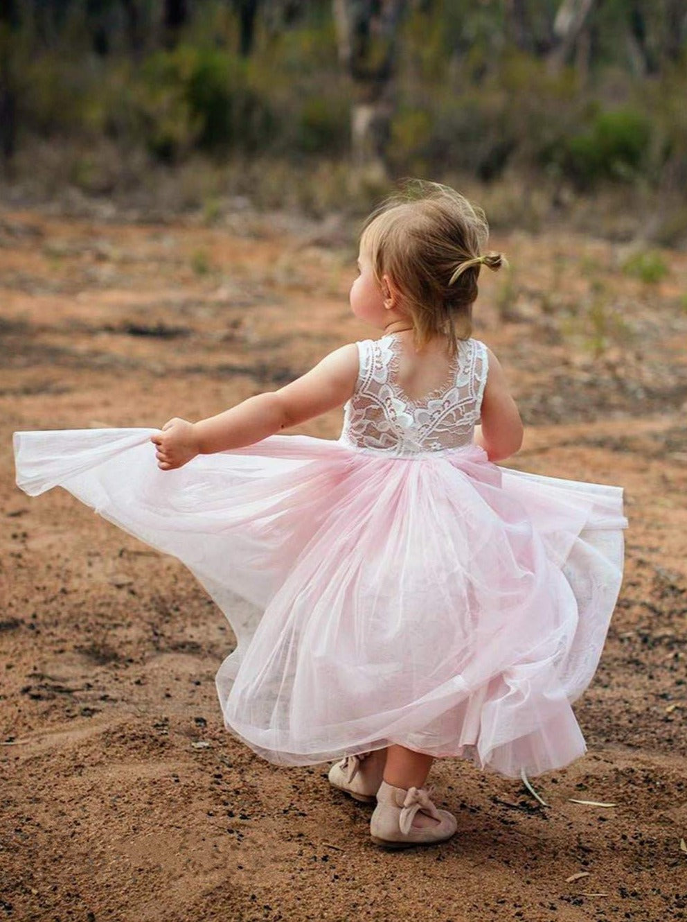 2Bunnies  Flower Girl Dress Rose Lace Back A-Line Sleeveless Straight Tulle Maxi (Candy Pink) - 2BUNNIES