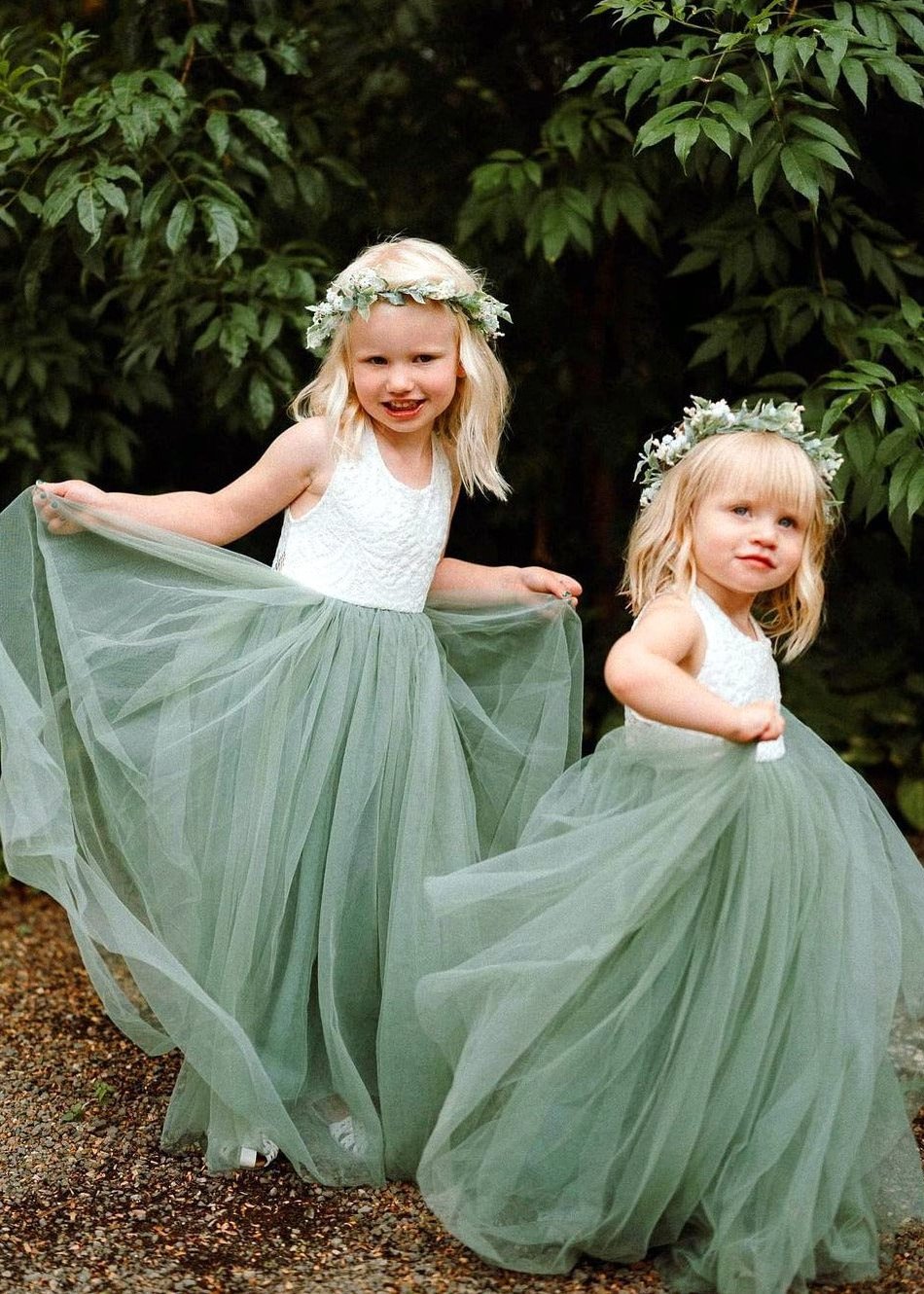 2Bunnies Flower Girl Dress Peony Lace Back A-Line Sleeveless Straight Tulle Maxi (Sage) - 2BUNNIES