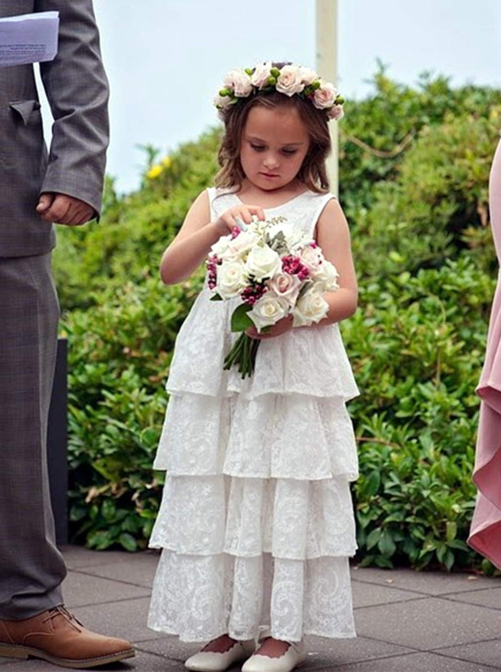 2Bunnies Flower Girl Dress Paisley All Lace Sleeveless Tiered Maxi (White) - 2BUNNIES