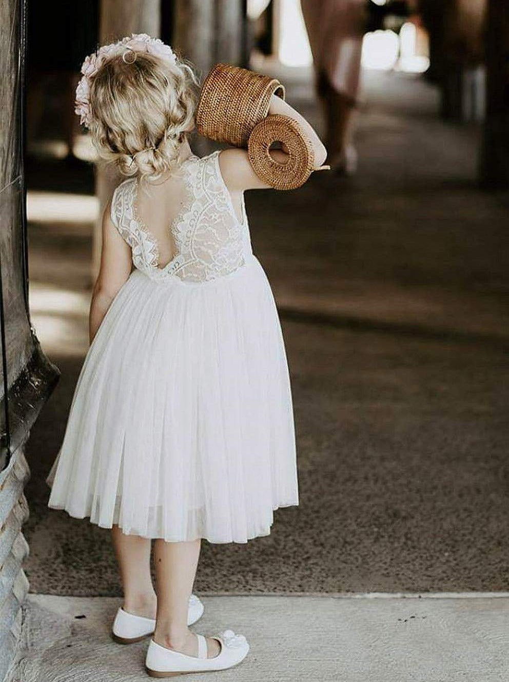 2Bunnies Flower Girl Dress Rose Lace Back A-Line Sleeveless Straight Tulle Knee (White) - 2BUNNIES