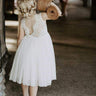 2Bunnies Flower Girl Dress Rose Lace Back A-Line Sleeveless Straight Tulle Knee (White) - 2BUNNIES