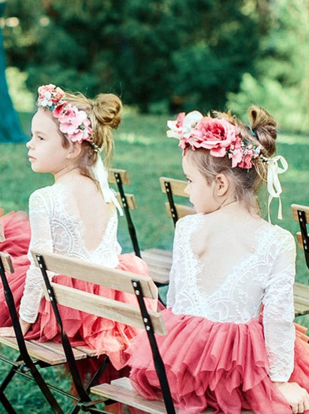 2Bunnies Flower Girl Dress Rose Lace Back A-Line Long Sleeve Tiered Tulle Knee (Dusty Pink) - 2BUNNIES
