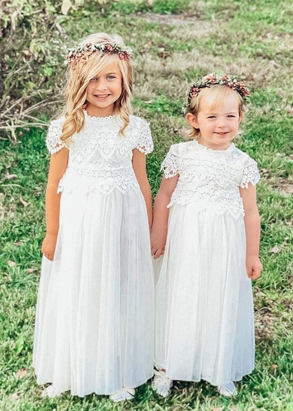 2Bunnies Communion Flower Girl Dress Cap Sleeve Straight Tulle Maxi (White) - 2BUNNIES