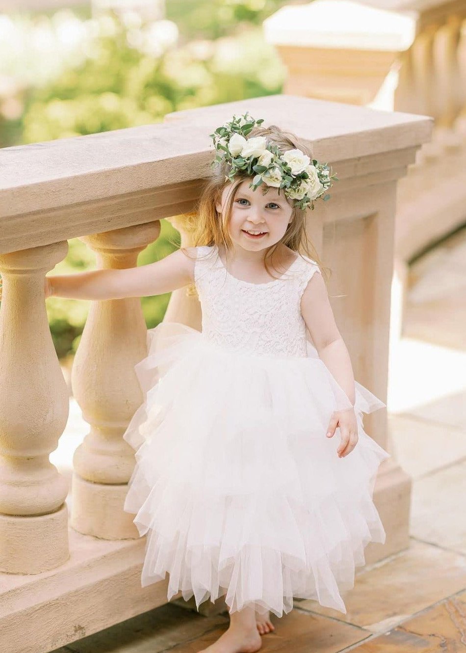 2Bunnies Flower Girl Dress Peony Lace Back A-Line Sleeveless Tiered Tulle Maxi (white) - 2BUNNIES