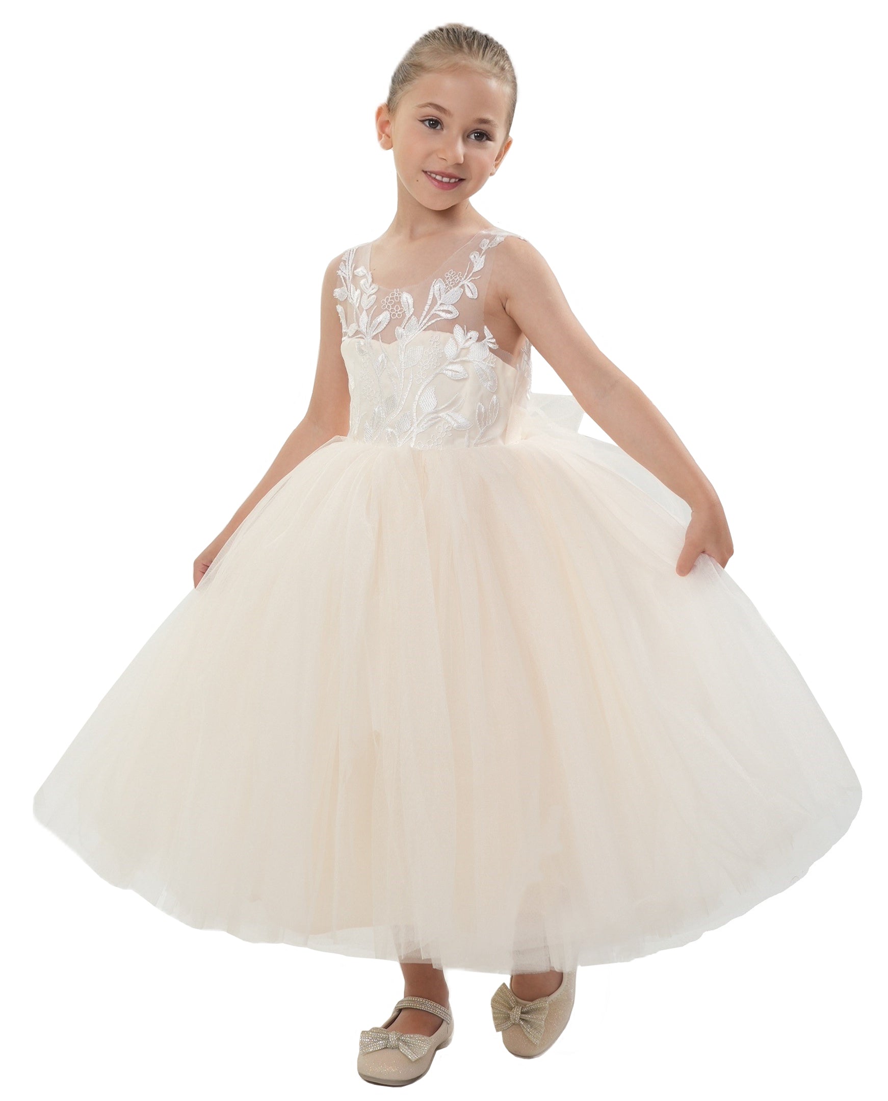 2Bunnies Girls' Sleeveless Maxi Embroidered Tulle Dress