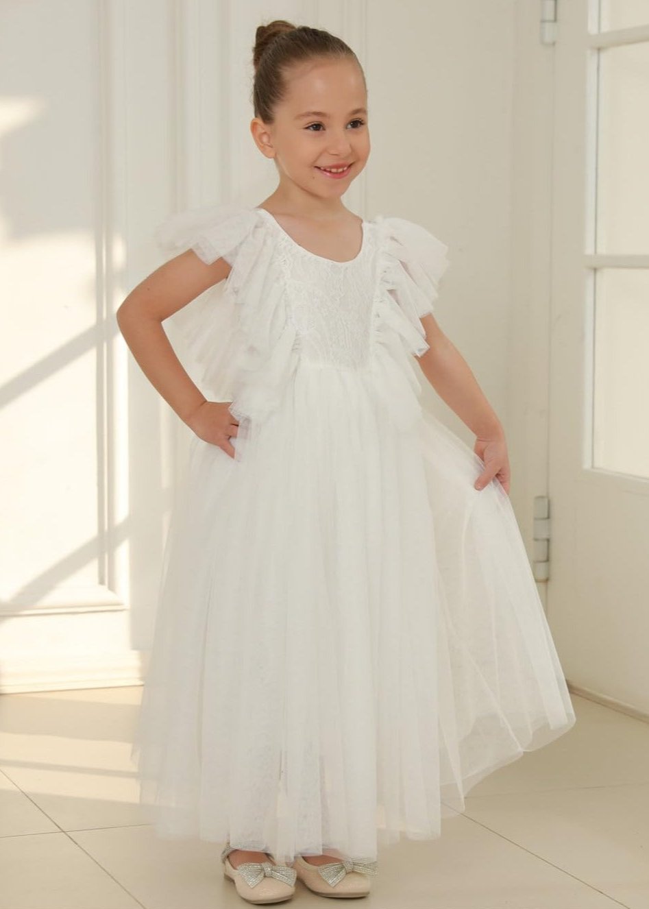 Paisley Lace Flower Girl Dress in White