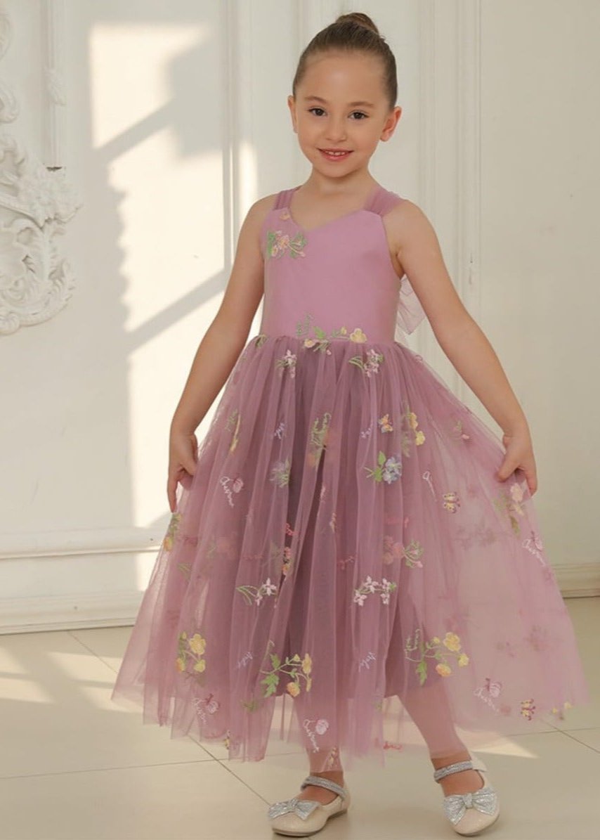 Floral Embroidered Tulle Strap Girl Dress in Mauve