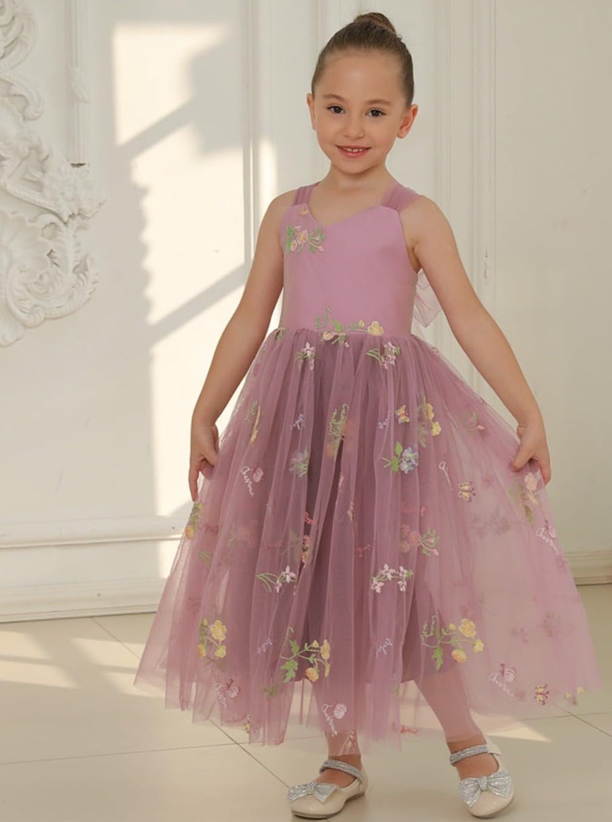 Floral Embroidered Tulle Girl Dress in Mauve