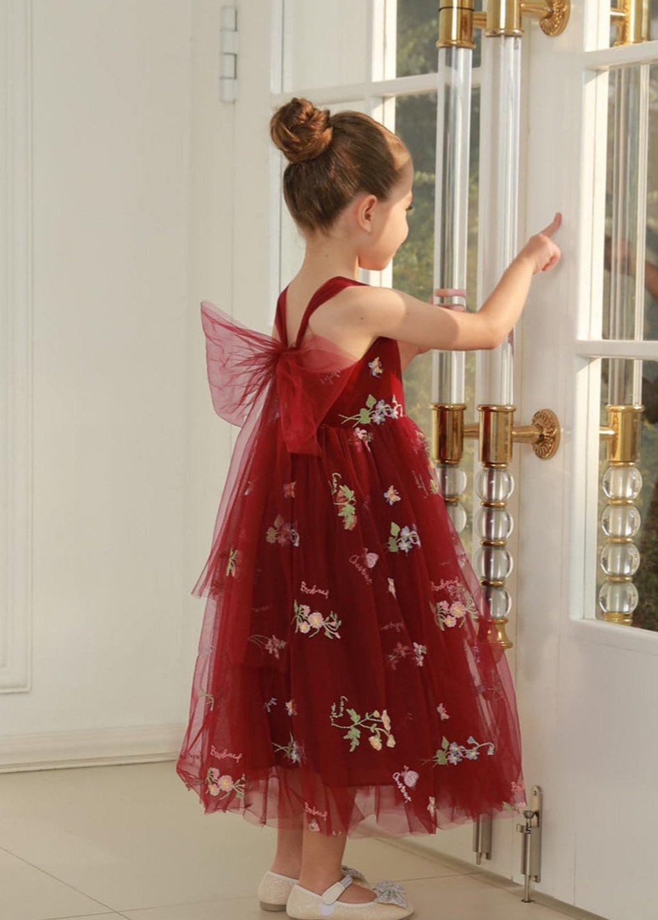 Floral Embroidered Tulle Girl Dress in Wine