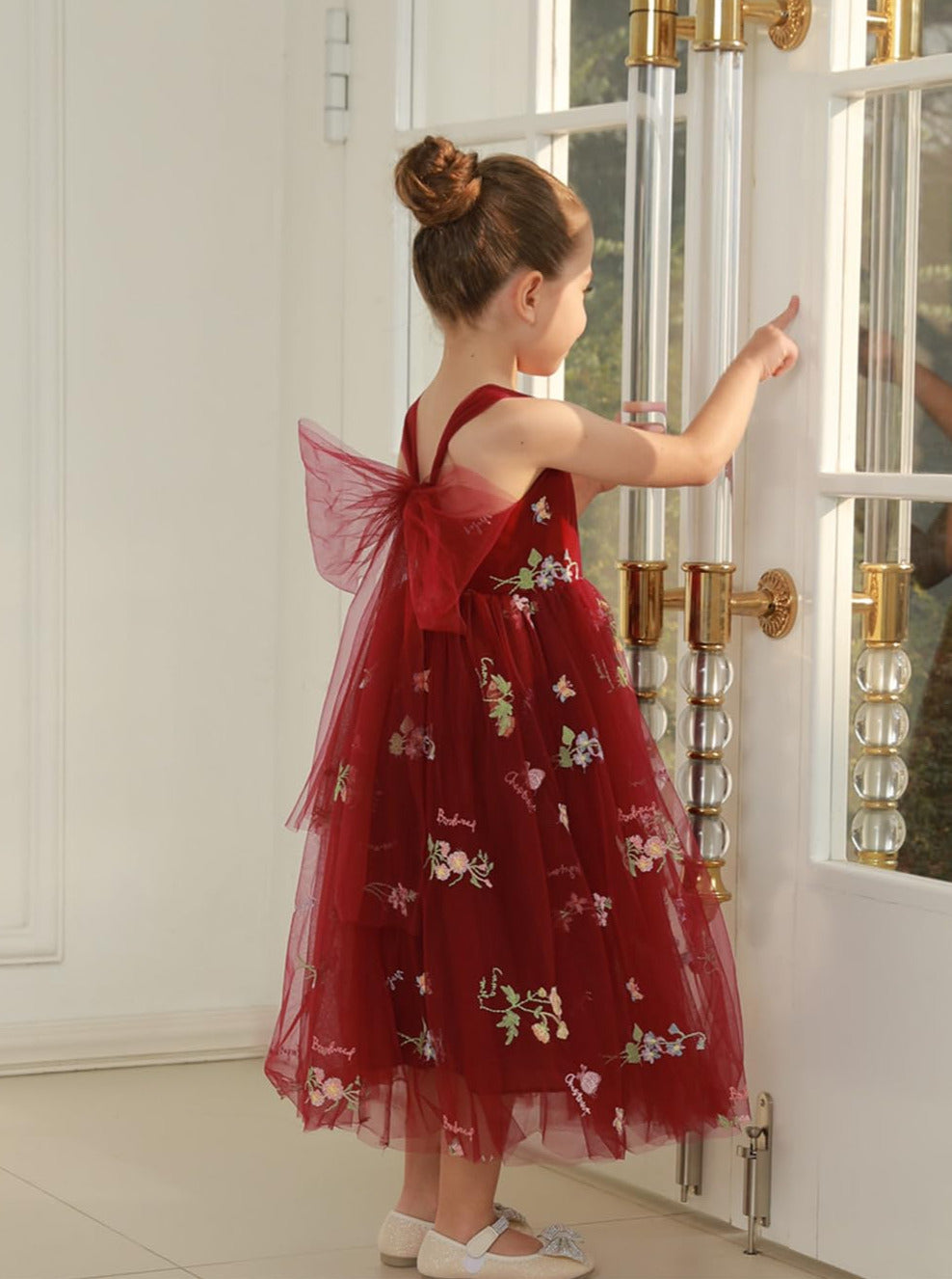 Floral Embroidered Tulle Girl Dress in Wine