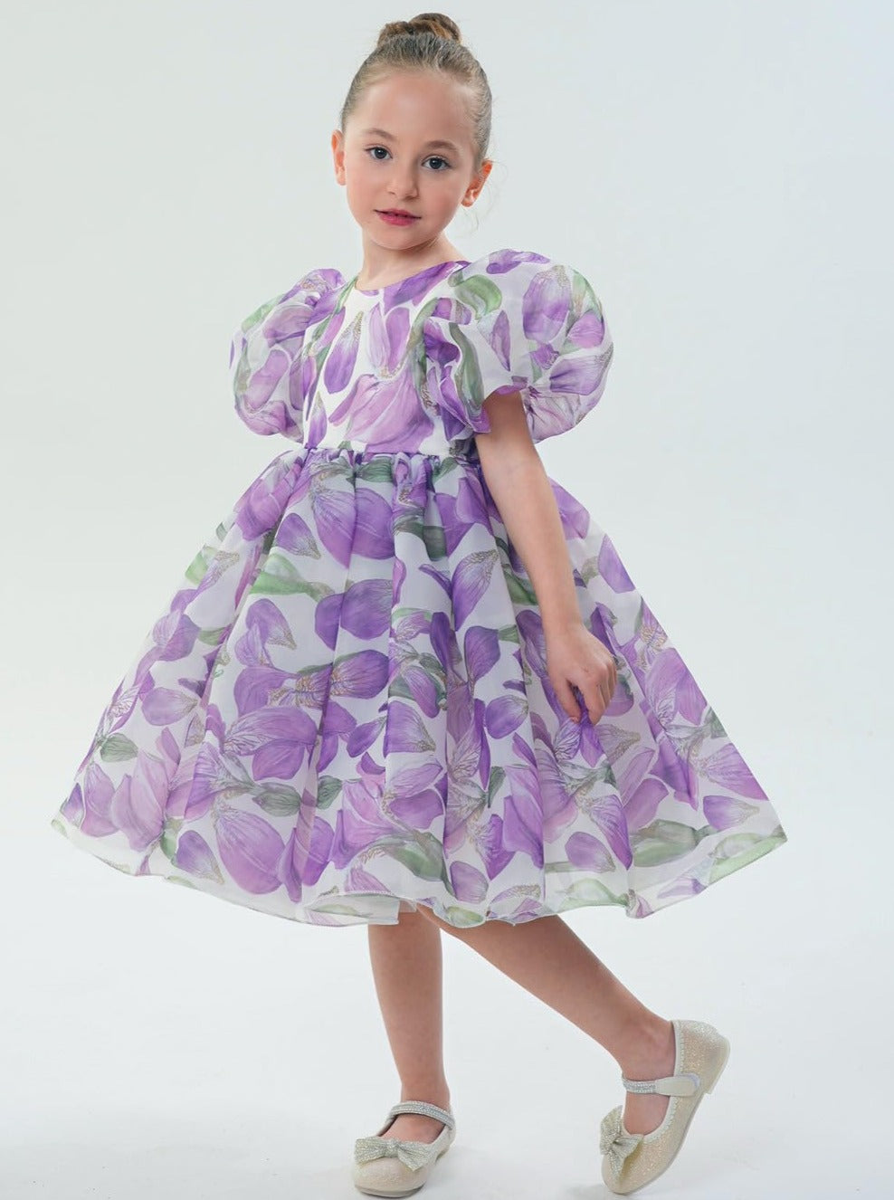 Organza Tulle Babydoll Girl Dress in Purple Flower