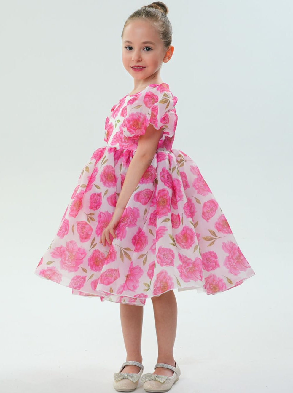 Organza Tulle Babydoll Girl Dress in Pink Flower