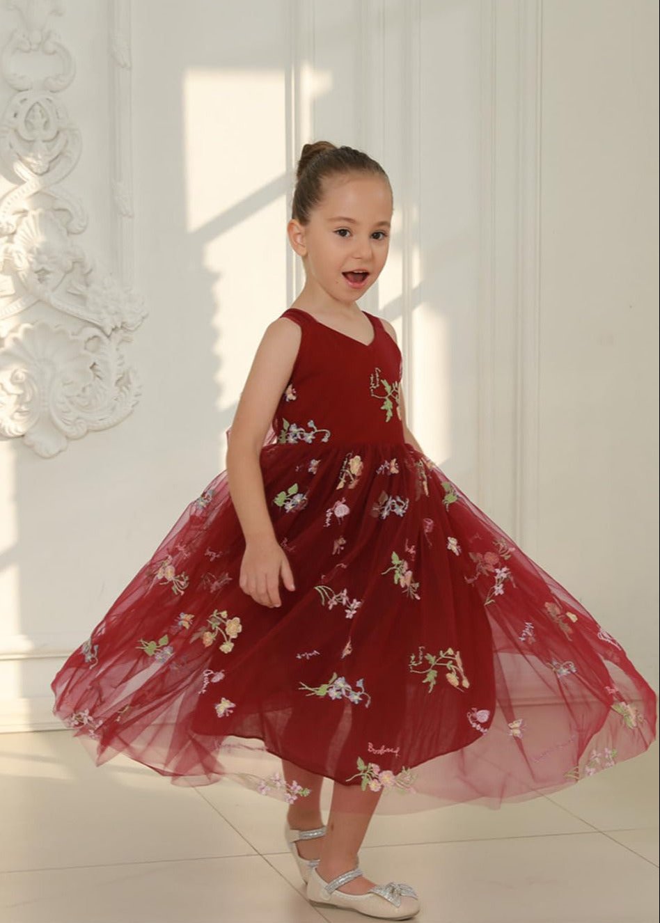 Floral Embroidered Tulle Strap Girl Dress in Wine