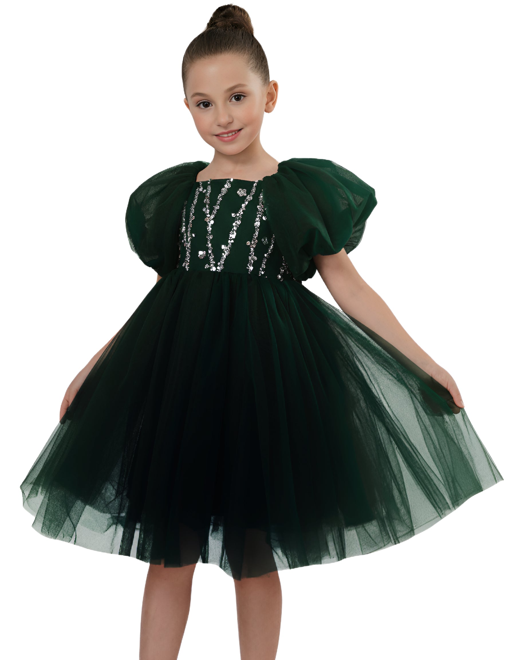 2Bunnies Girls Beaded Sequin Embellished Tulle Puff Sleeve Christmas Party Dress