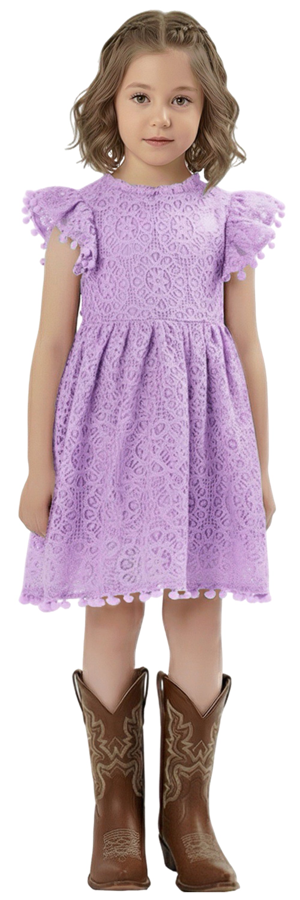 Sunflower Lace Pom Pom Trim Girl Dress in Purple