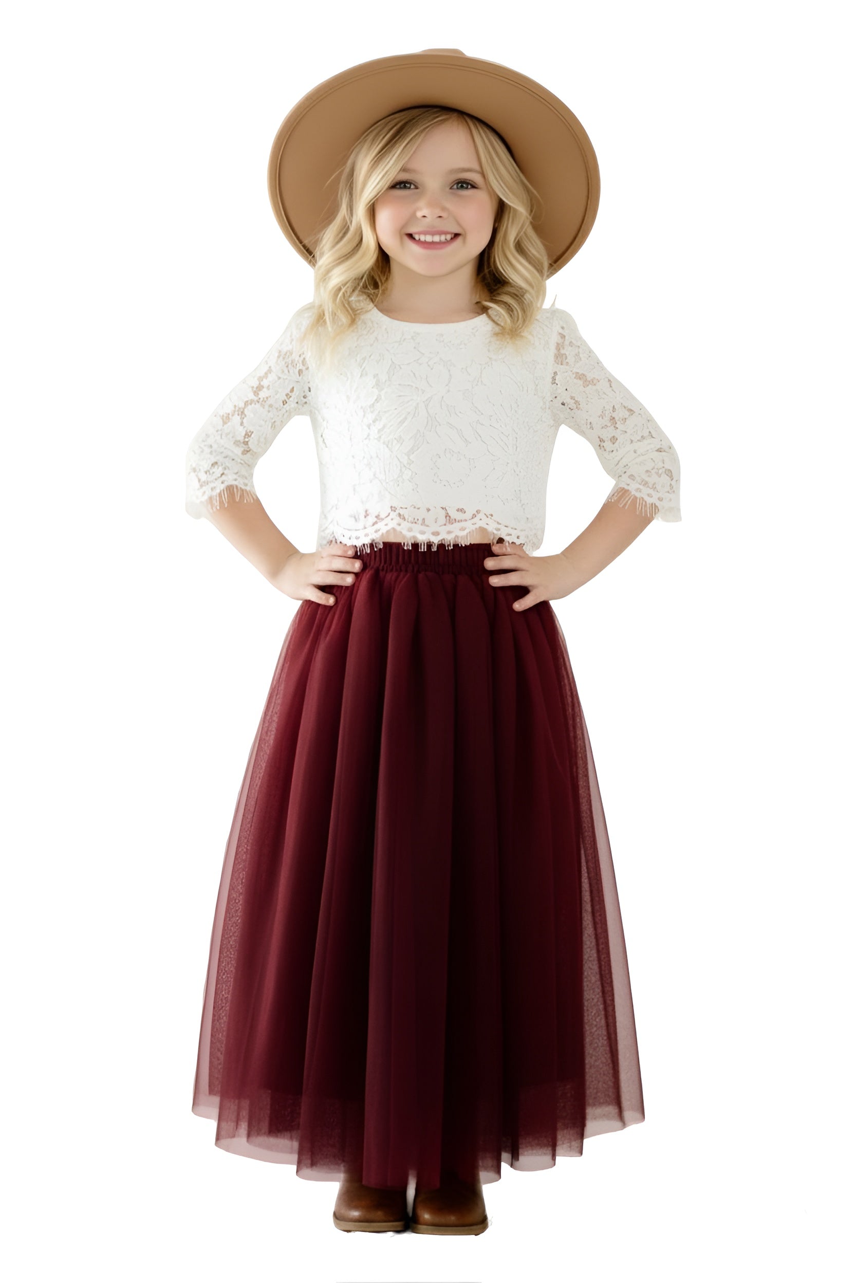 Scalloped Lace 2 Piece Girl Dress Set in Burgundy