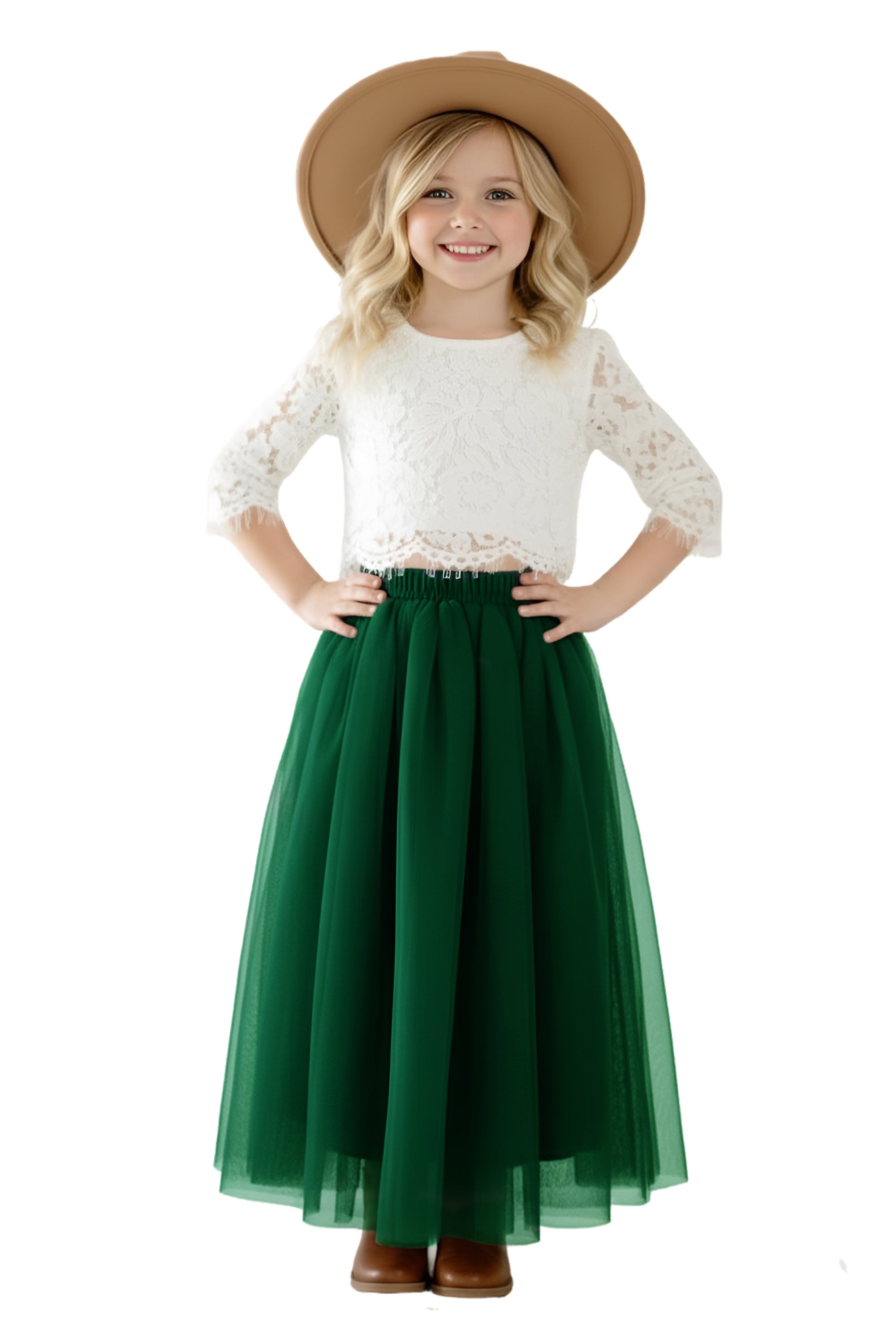 Scalloped Lace 2 Piece Girl Dress Set in Green