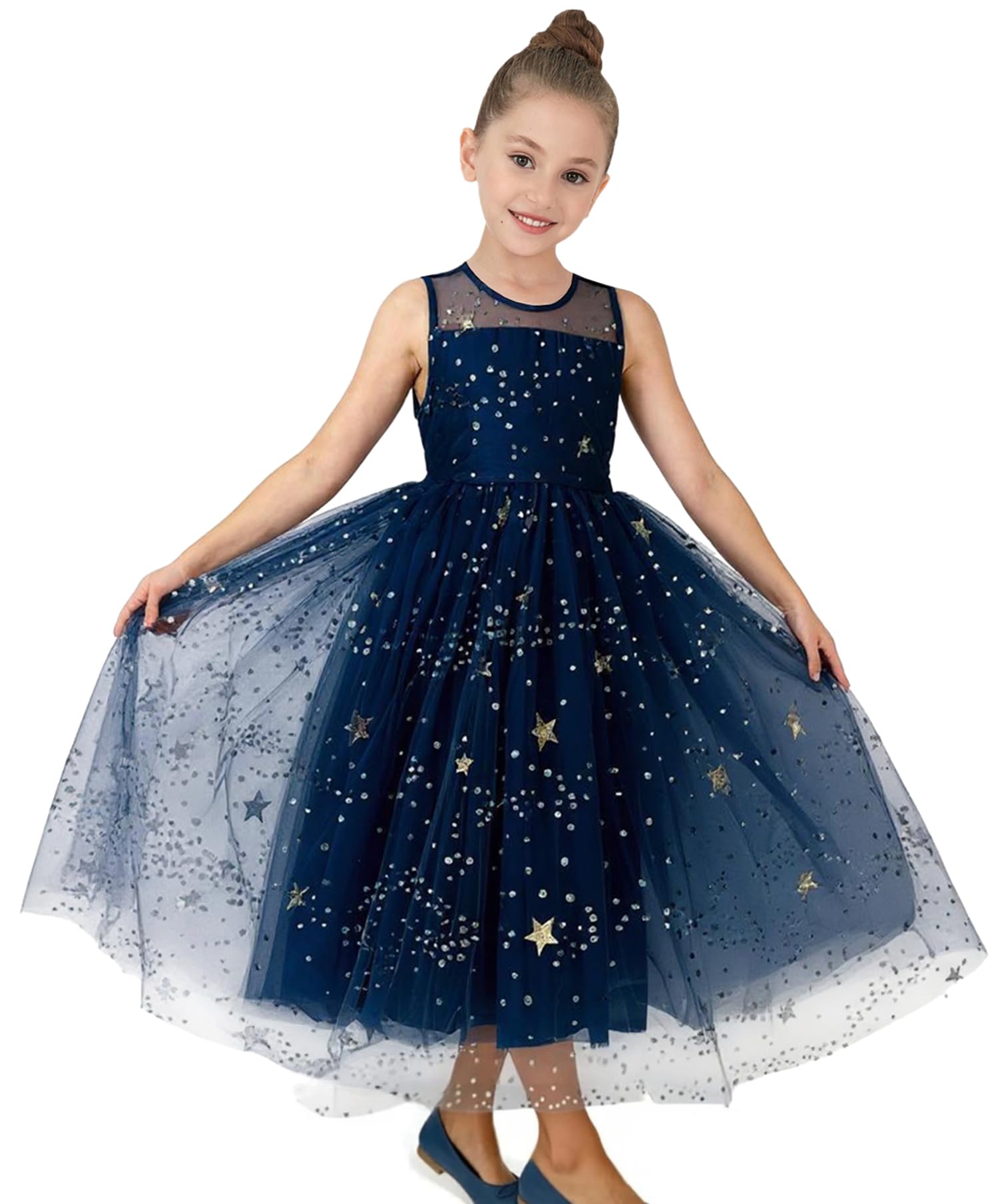 2Bunnies Girls’ Sparkle Sequin Star Tulle Maxi Dress