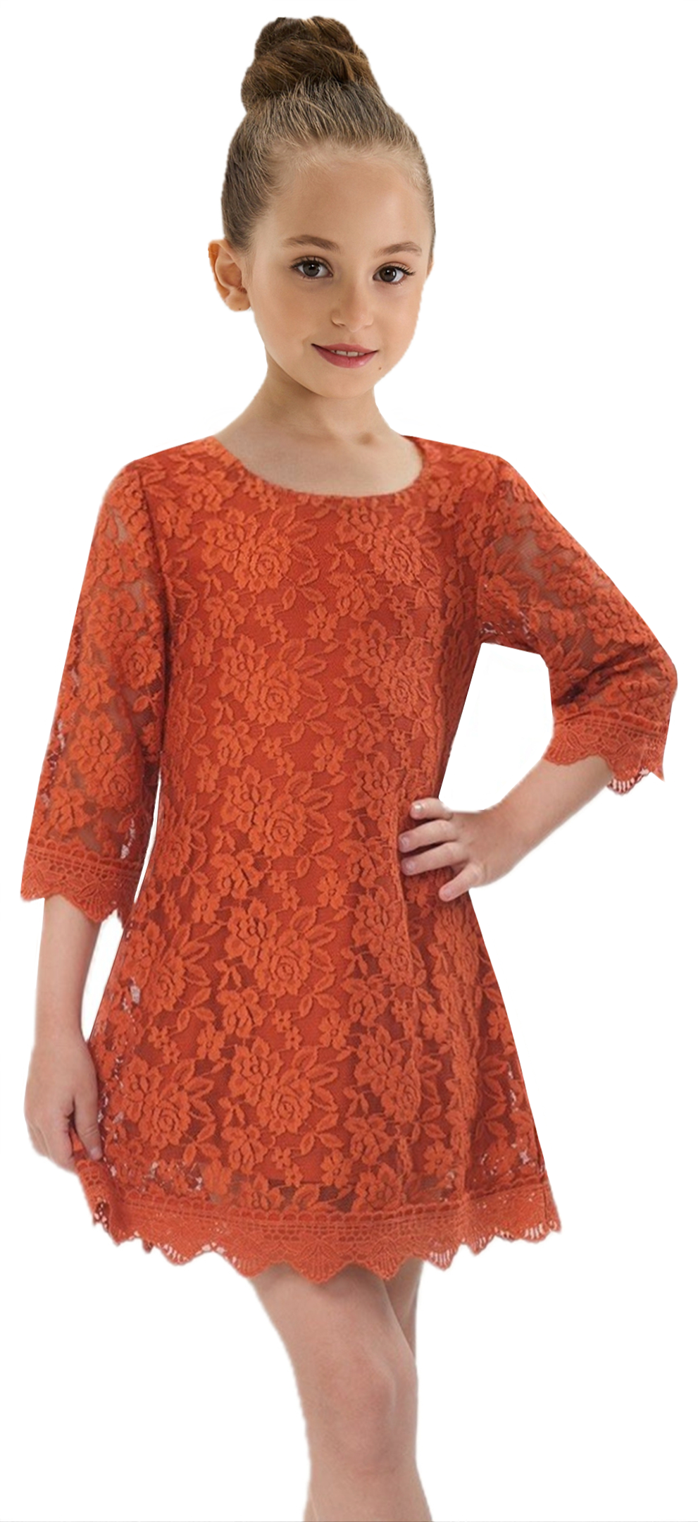 Girls' Boho Floral Lace Scalloped Hem Dress in Burnt Orange