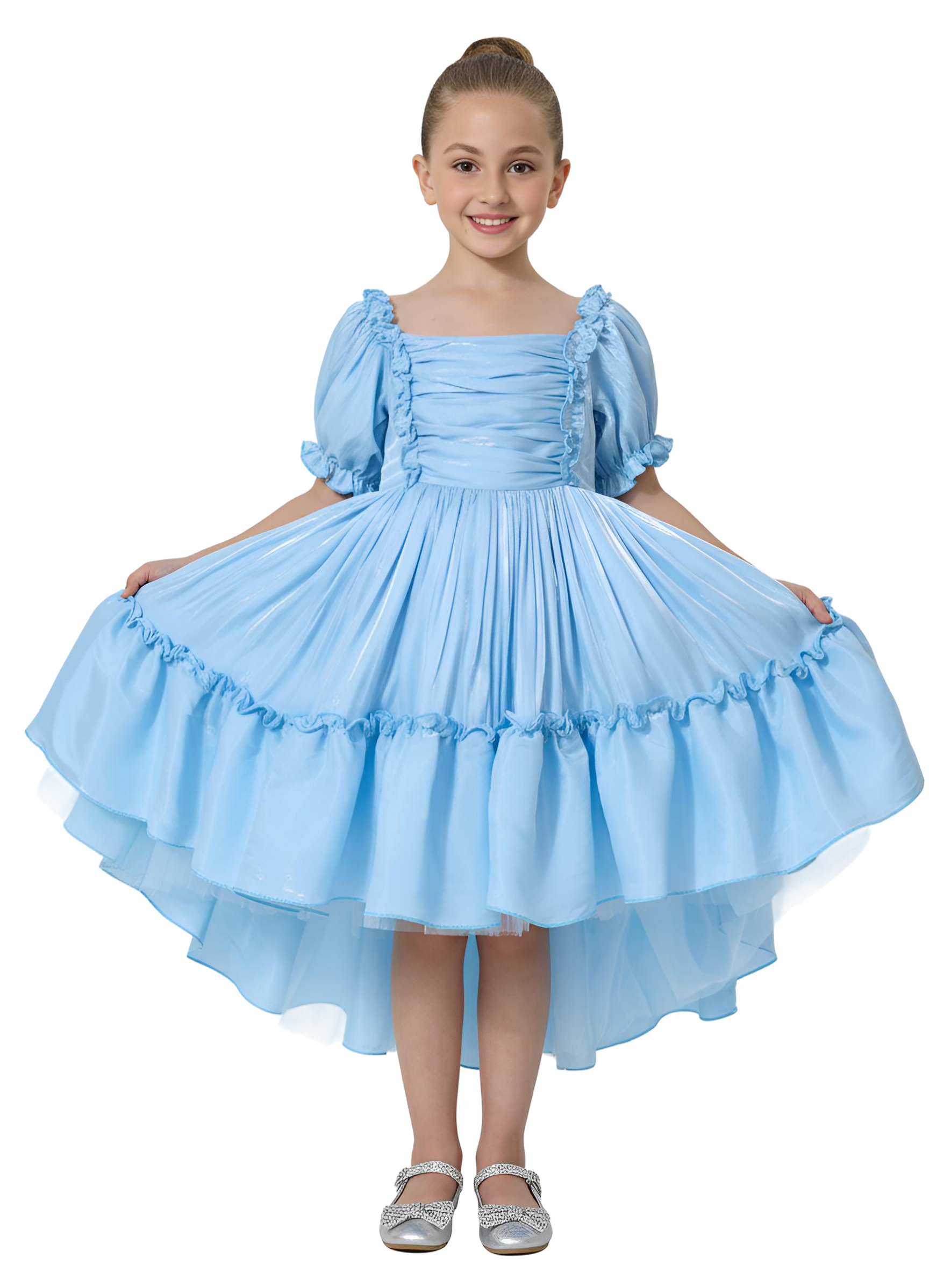 2Bunnies Girls Petticoat High-Low Ruffled Shimmer Birthday Gown Princess Costume Dress Puff Sleeve