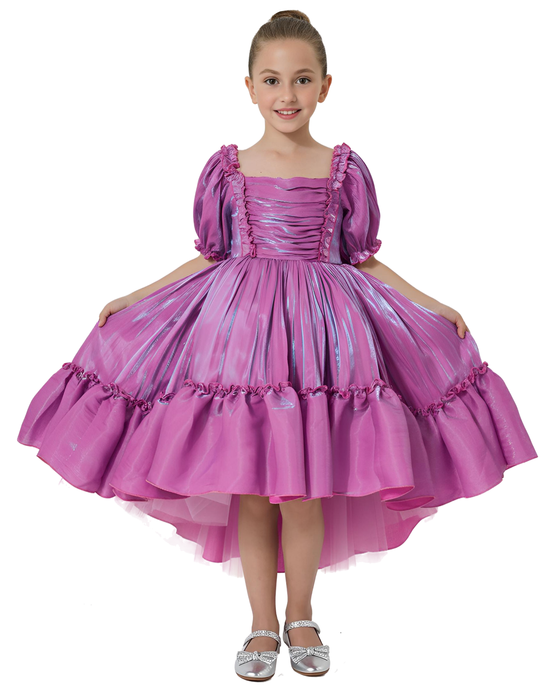 2Bunnies Girls Petticoat High-Low Ruffled Shimmer Birthday Gown Princess Costume Dress Puff Sleeve