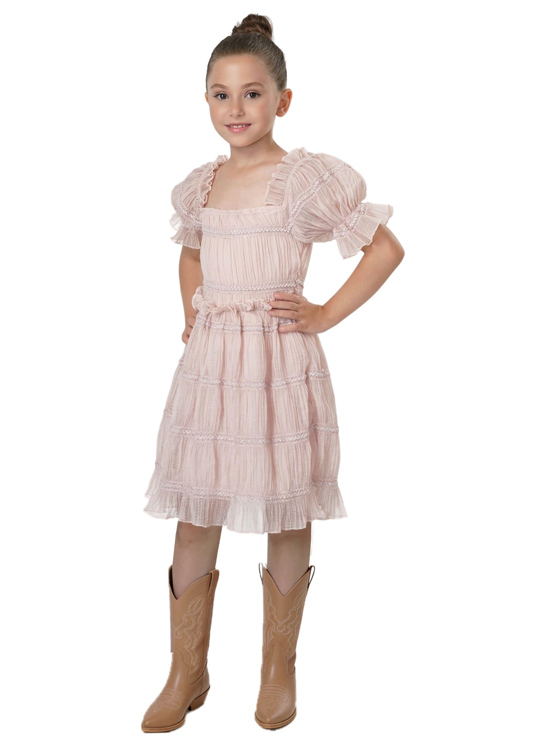 2Bunnies Girls' Vintage Boho Rustic Puff Sleeve Textured Ruffle Tiered Dress