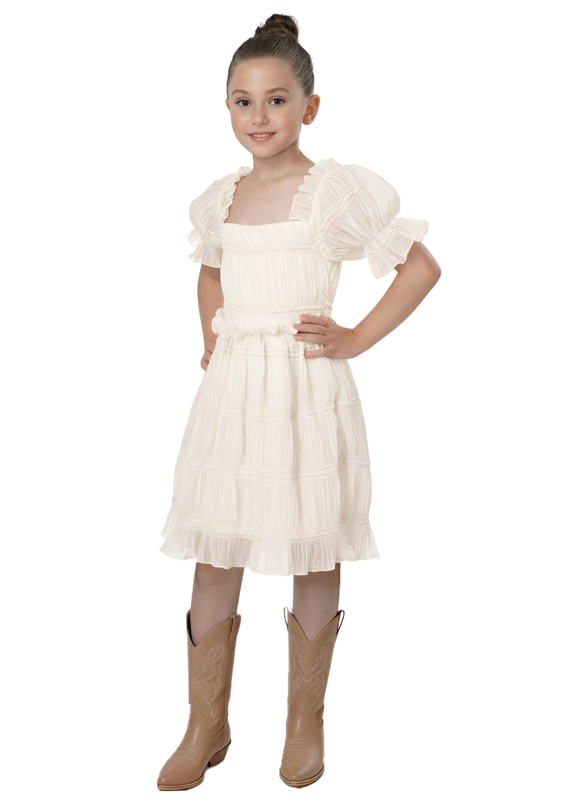 2Bunnies Girls' Vintage Boho Rustic Puff Sleeve Textured Ruffle Tiered Dress