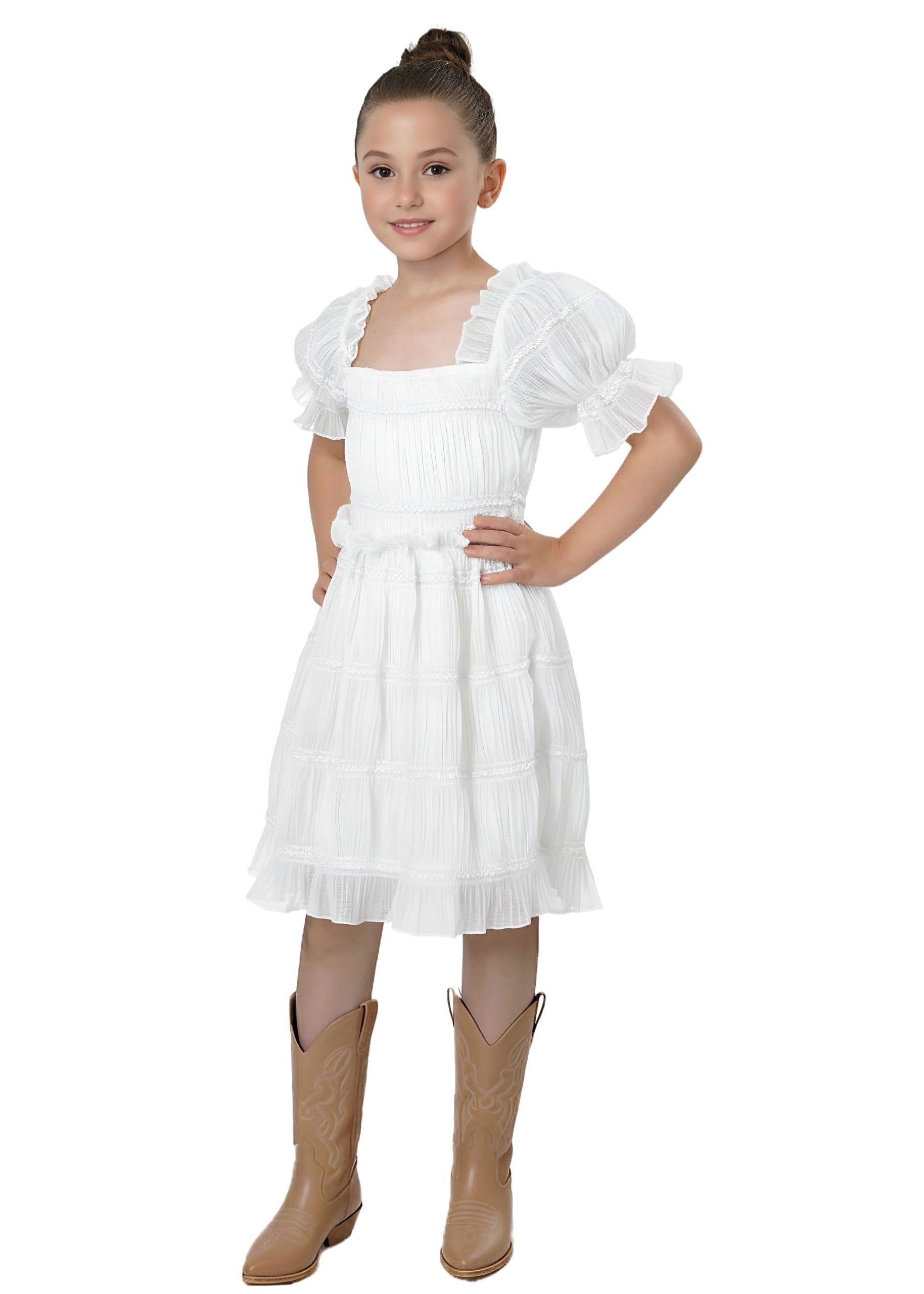 2Bunnies Girls' Vintage Boho Rustic Puff Sleeve Textured Ruffle Tiered Dress