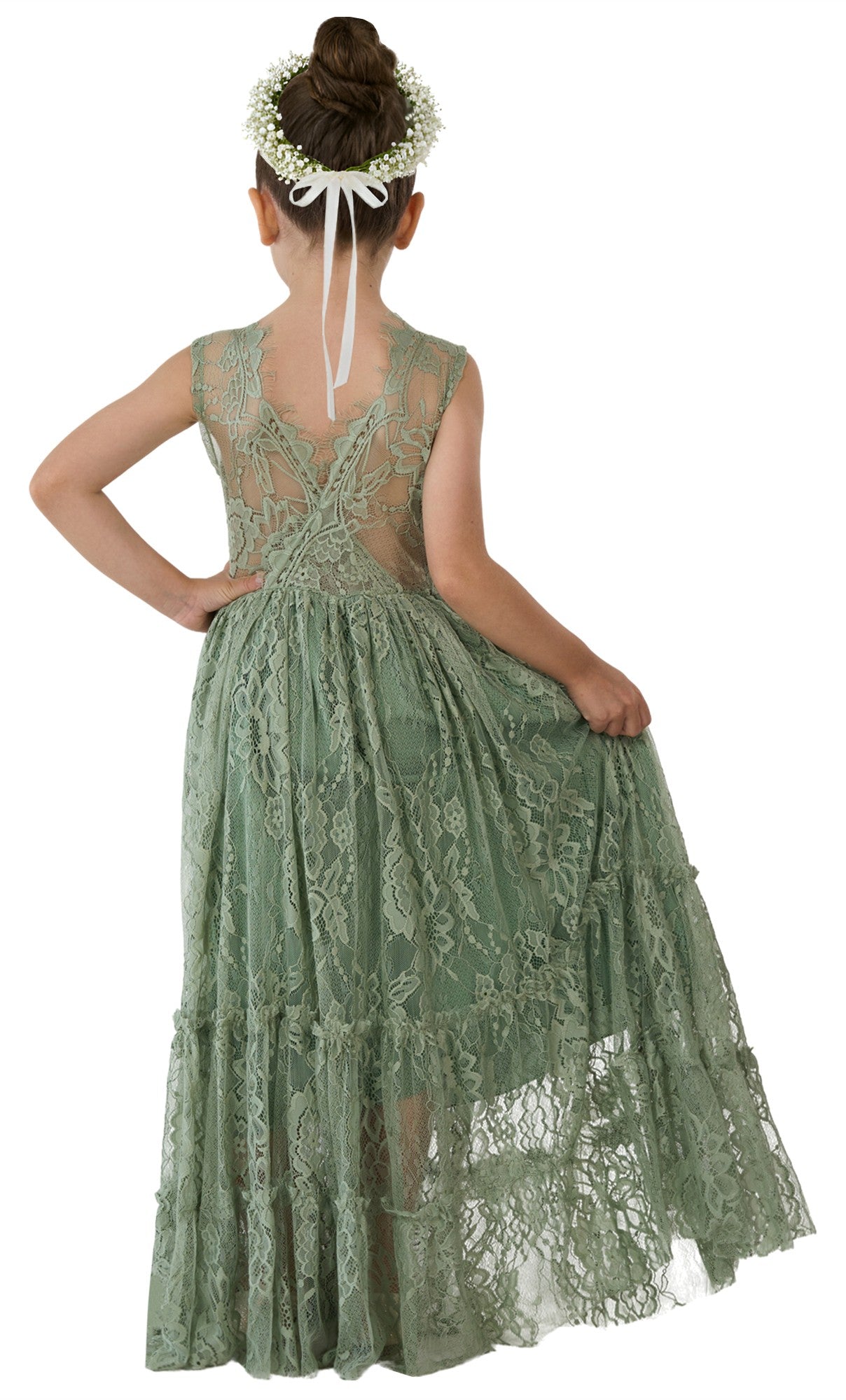2Bunnies Sage Green Rose Lace All-Over Lace Open Back Boho Garden Rustic Flower Girl Dress