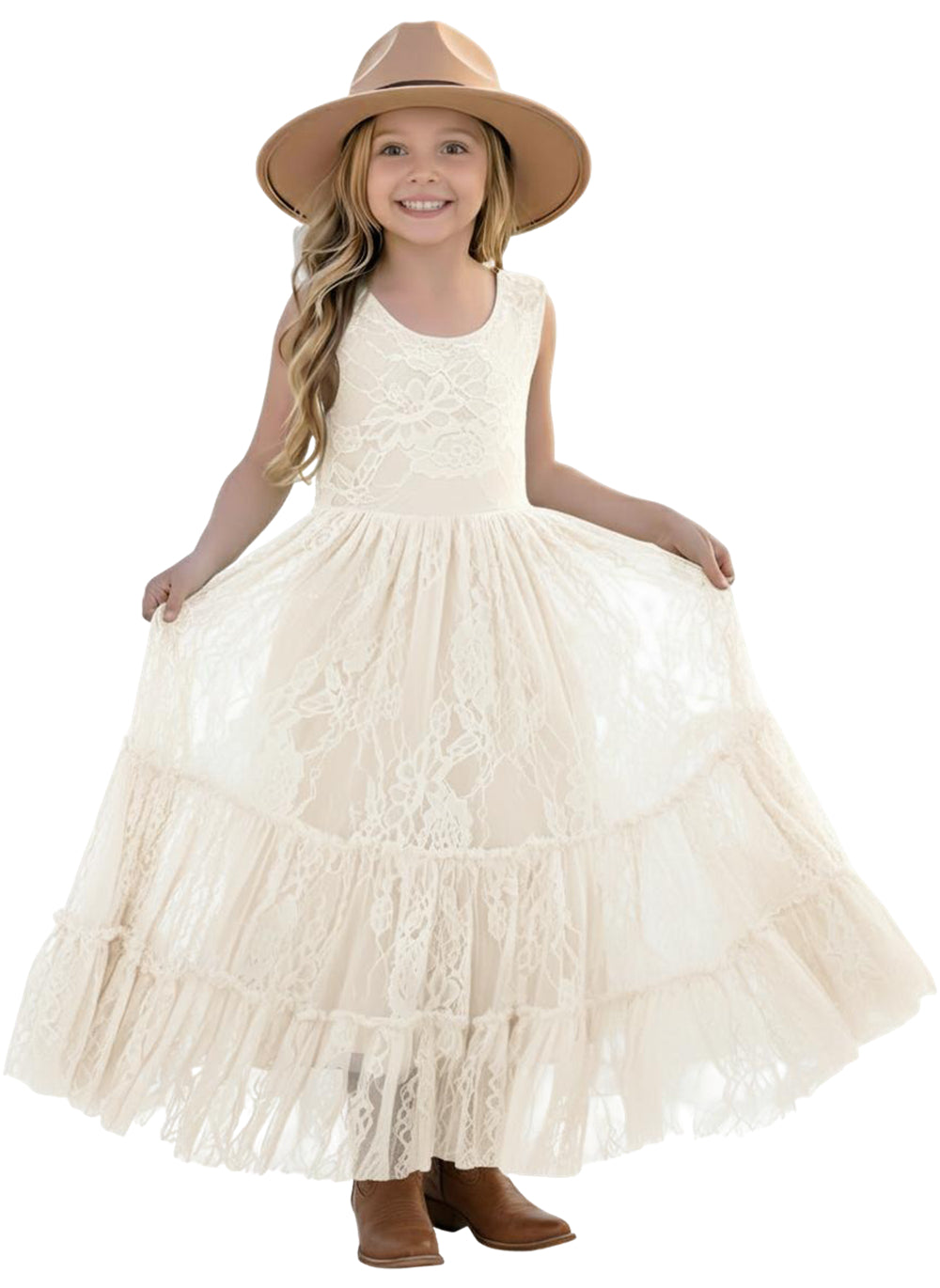 2Bunnies Rose Lace All-Over Lace Zip Back Boho Garden Rustic Flower Girl Dress