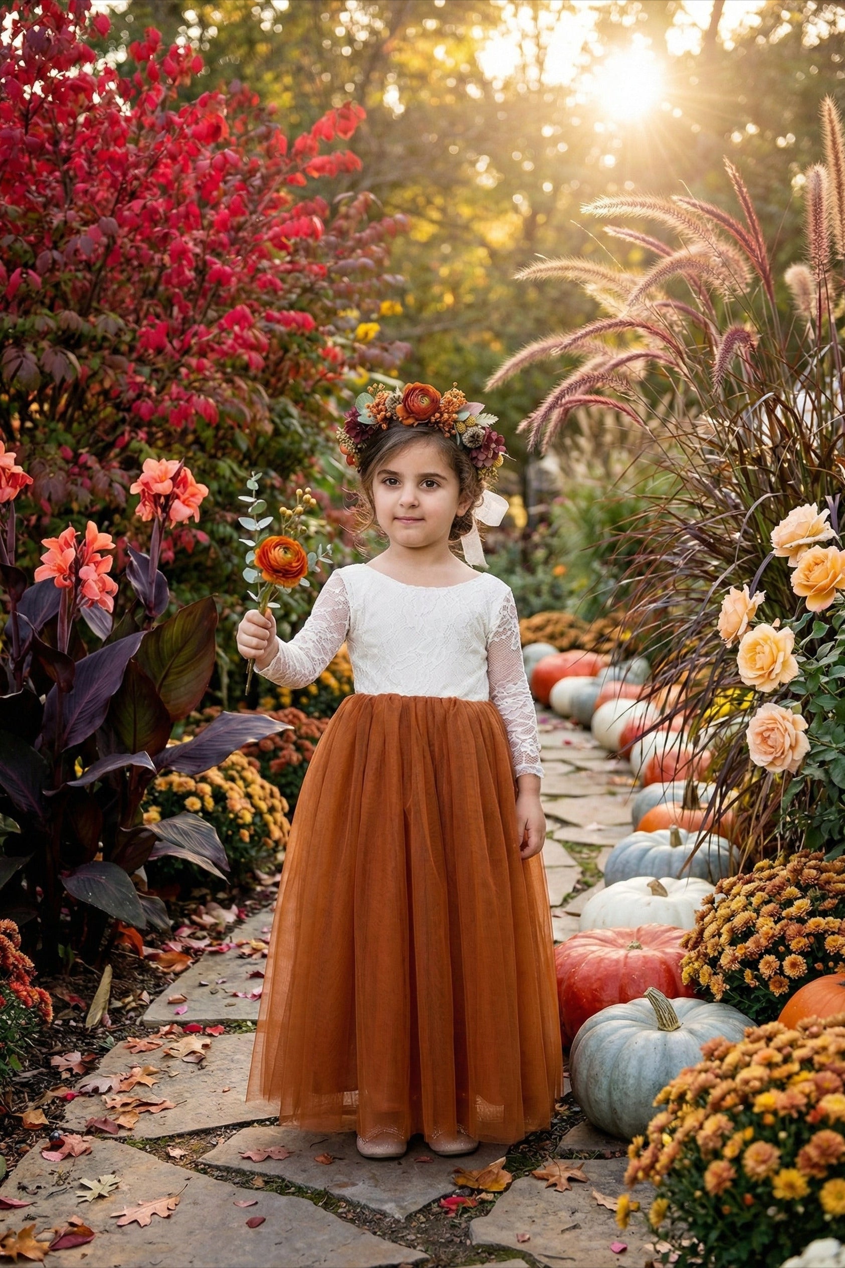 2Bunnies Girls' 12M-12yr Rose Lace Tulle Long Sleeve Maxi Flower Girl Dress Orange 10-12 Years 2Bunnies Girls' 12M-12yr Rose Lace Tulle Long Sleeve Maxi Flower Girl Dress Orange 10-12 Years