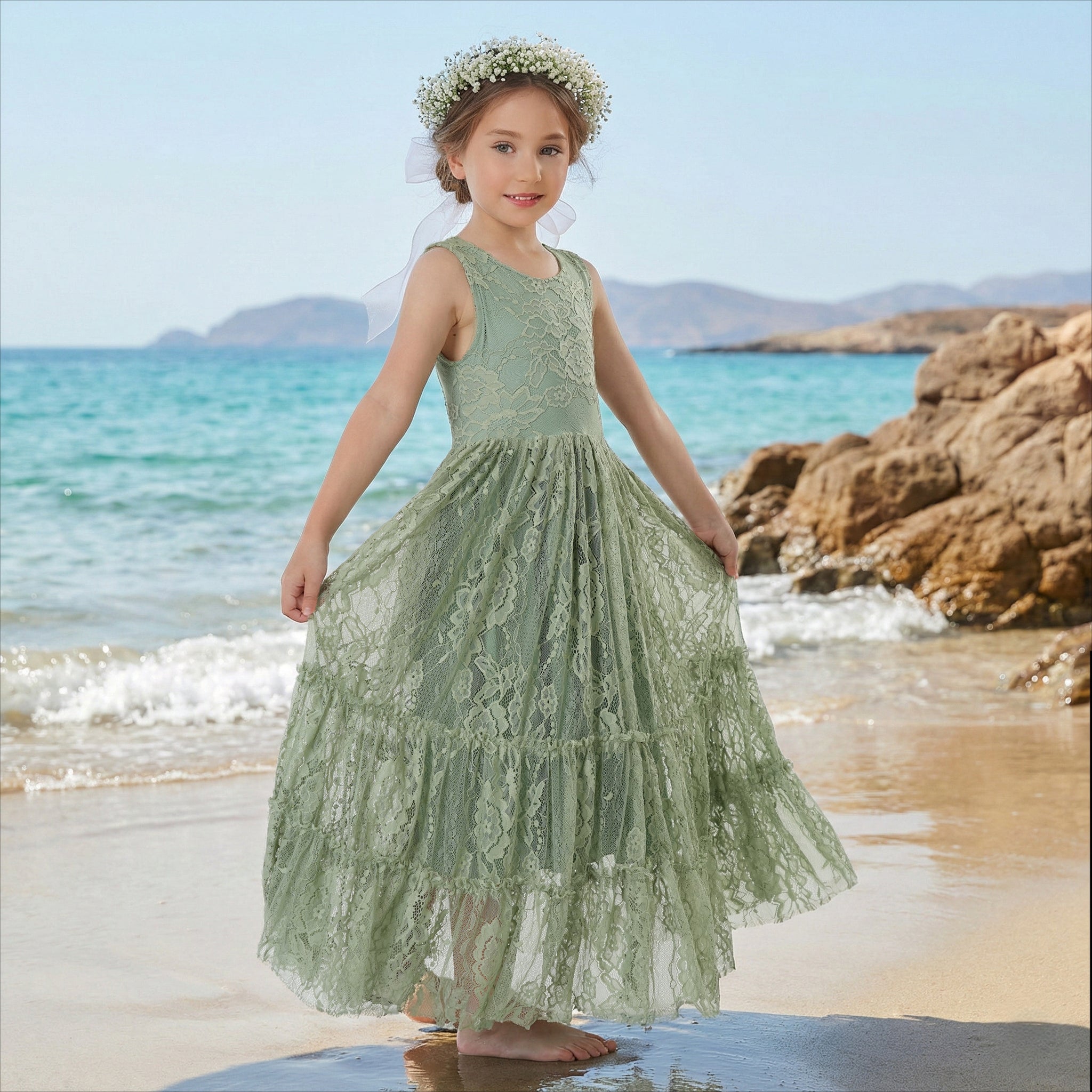 2Bunnies Girls' 4T-10yr Rose All-Over Lace Open Back Boho Garden Rustic Flower Girl Dress Sage Green 4T / Sage