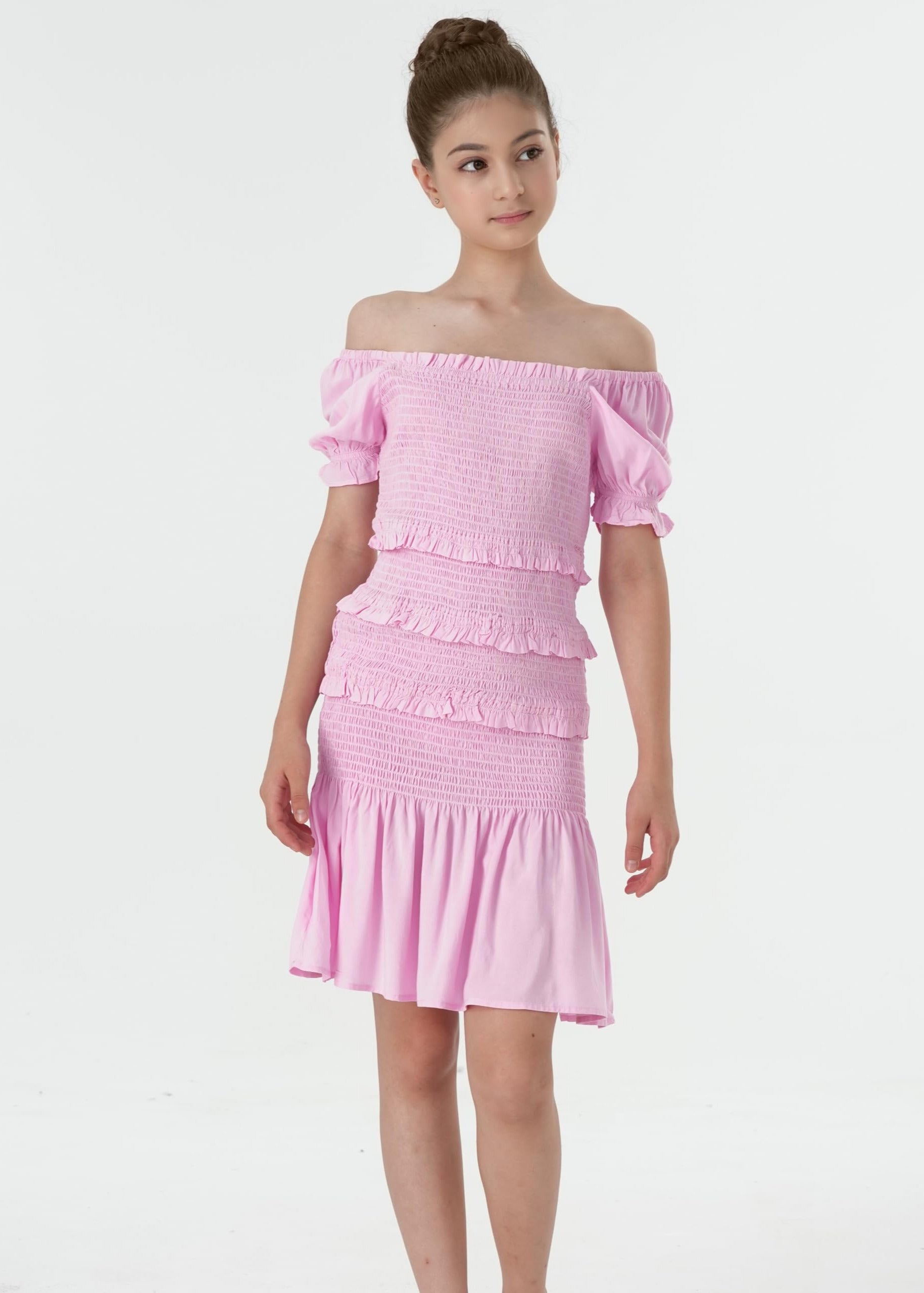 2Bunnies Girls' 6-14Y Tween Teen Smocked Ruffle Party Dance Mini Dress On and Off Shoulder Puff Sleeve Light Pink 6 years 2Bunnies Girls' 6-14Y Tween Teen Smocked Ruffle Party Dance Mini Dress On and Off Shoulder Puff Sleeve Light Pink 6 years