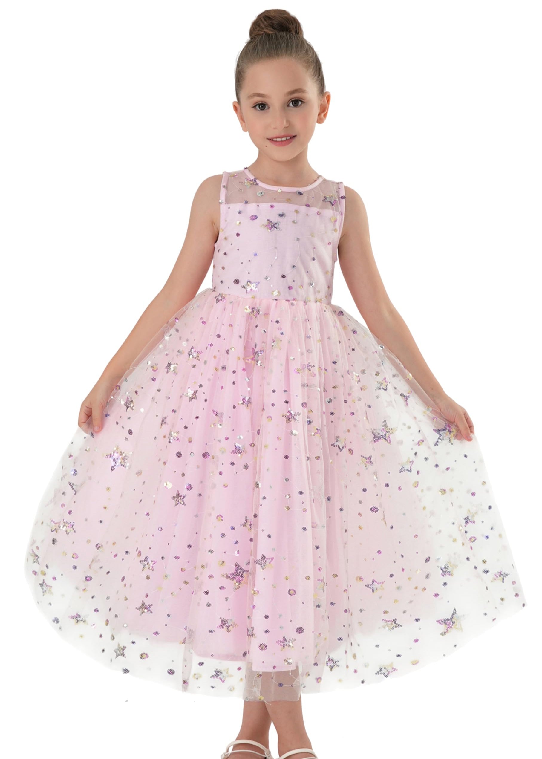2Bunnies Girls’ Sparkle Sequin Star Tulle Maxi Dress