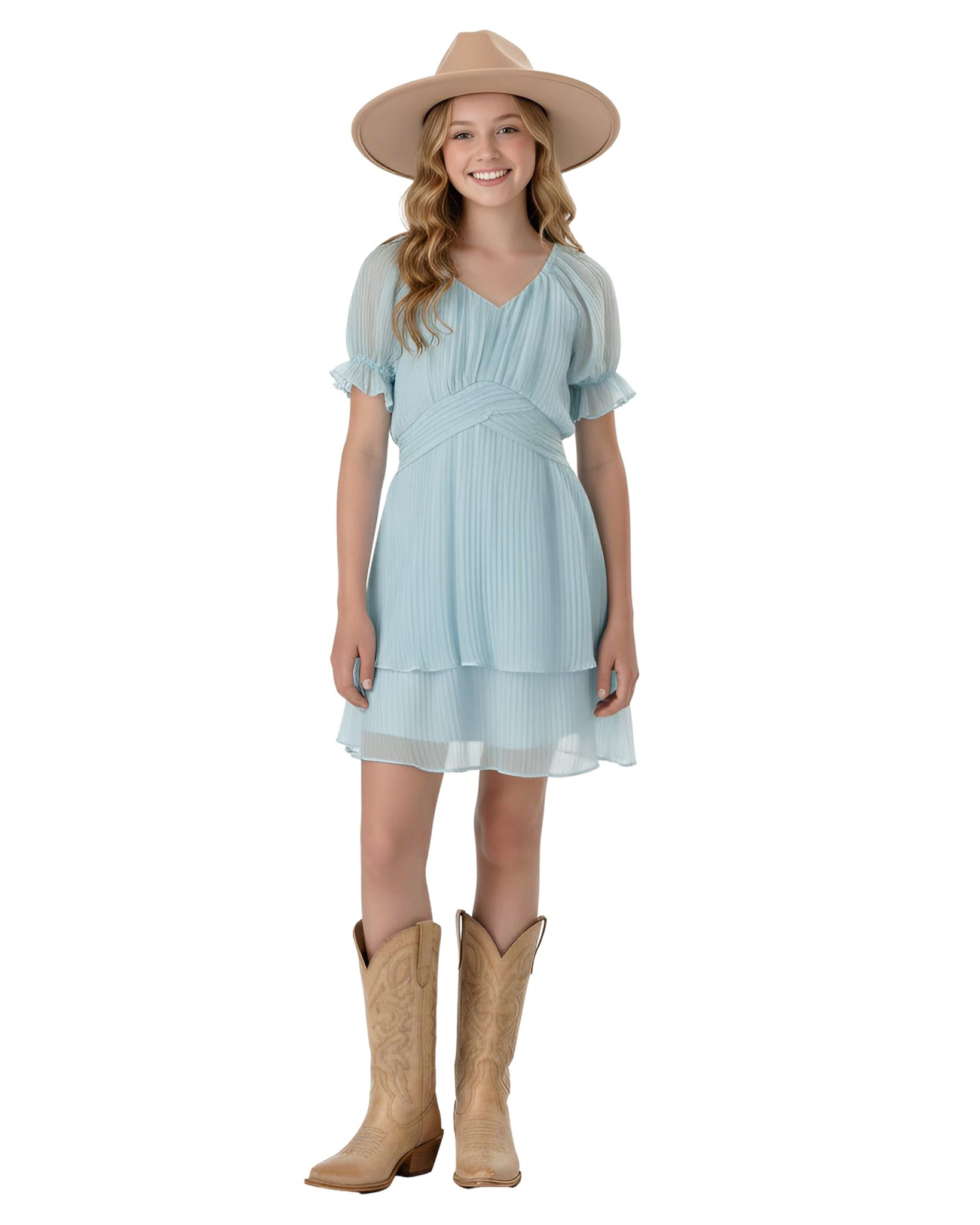 2Bunnies Girls Tween Teen Ruffle Puff Sleeve Mini Dress