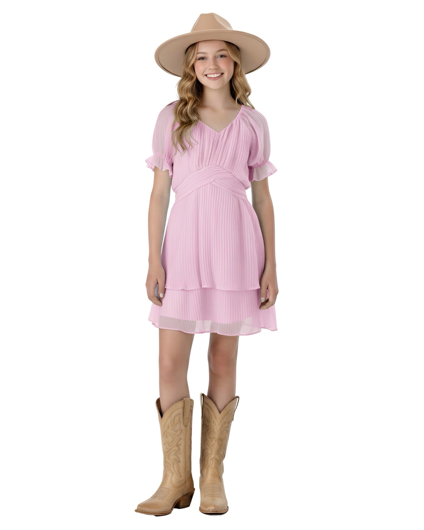 2Bunnies Girls Tween Teen Ruffle Puff Sleeve Mini Dress