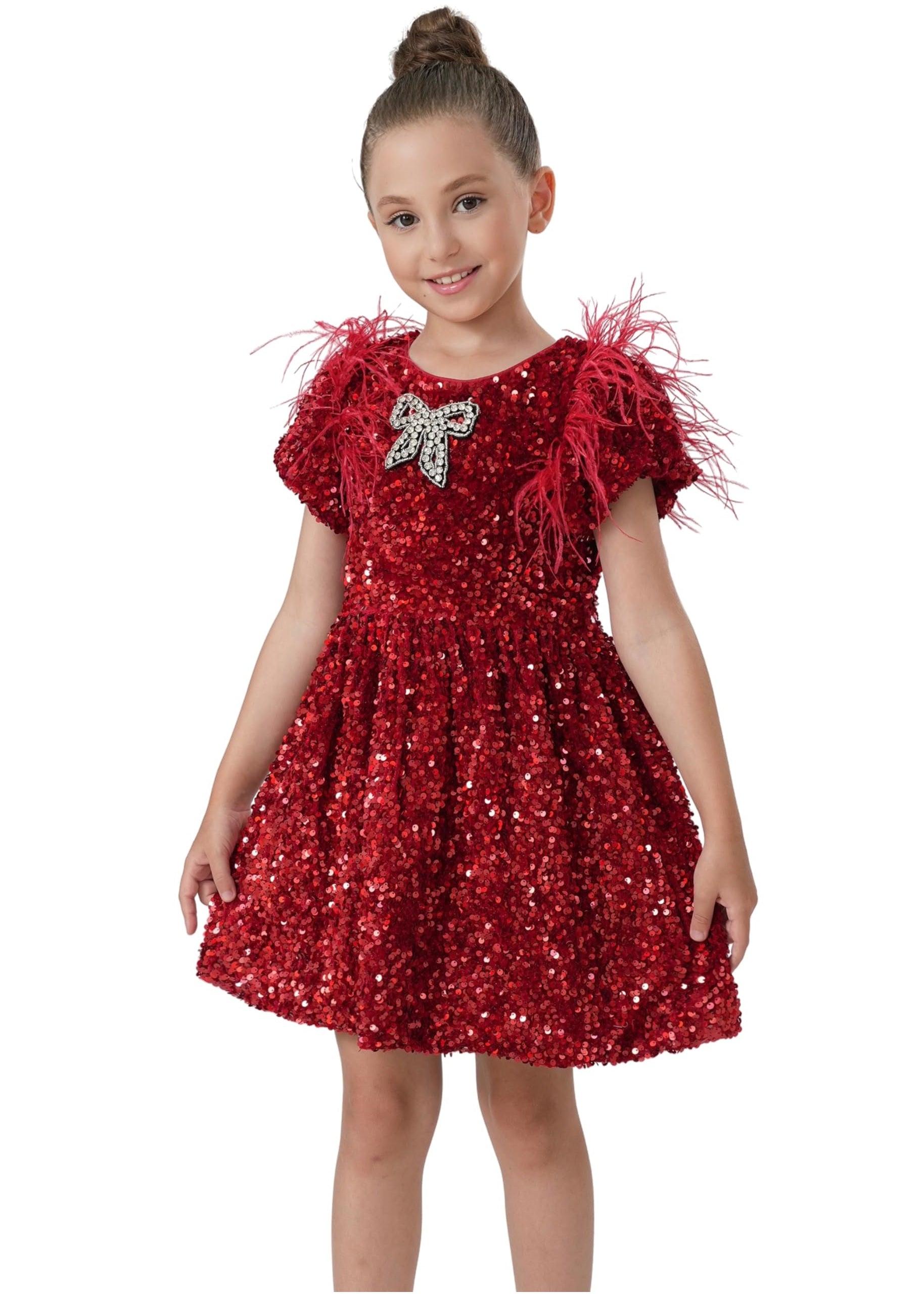 2Bunnies Girls' Christmas New Year Holiday Party Feather Puff Sleeve Velvet Sequin Dress