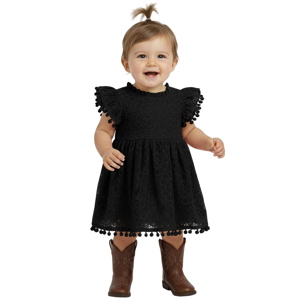 2Bunnies Lace Pom Pom Trim Baby Girl Dress Black